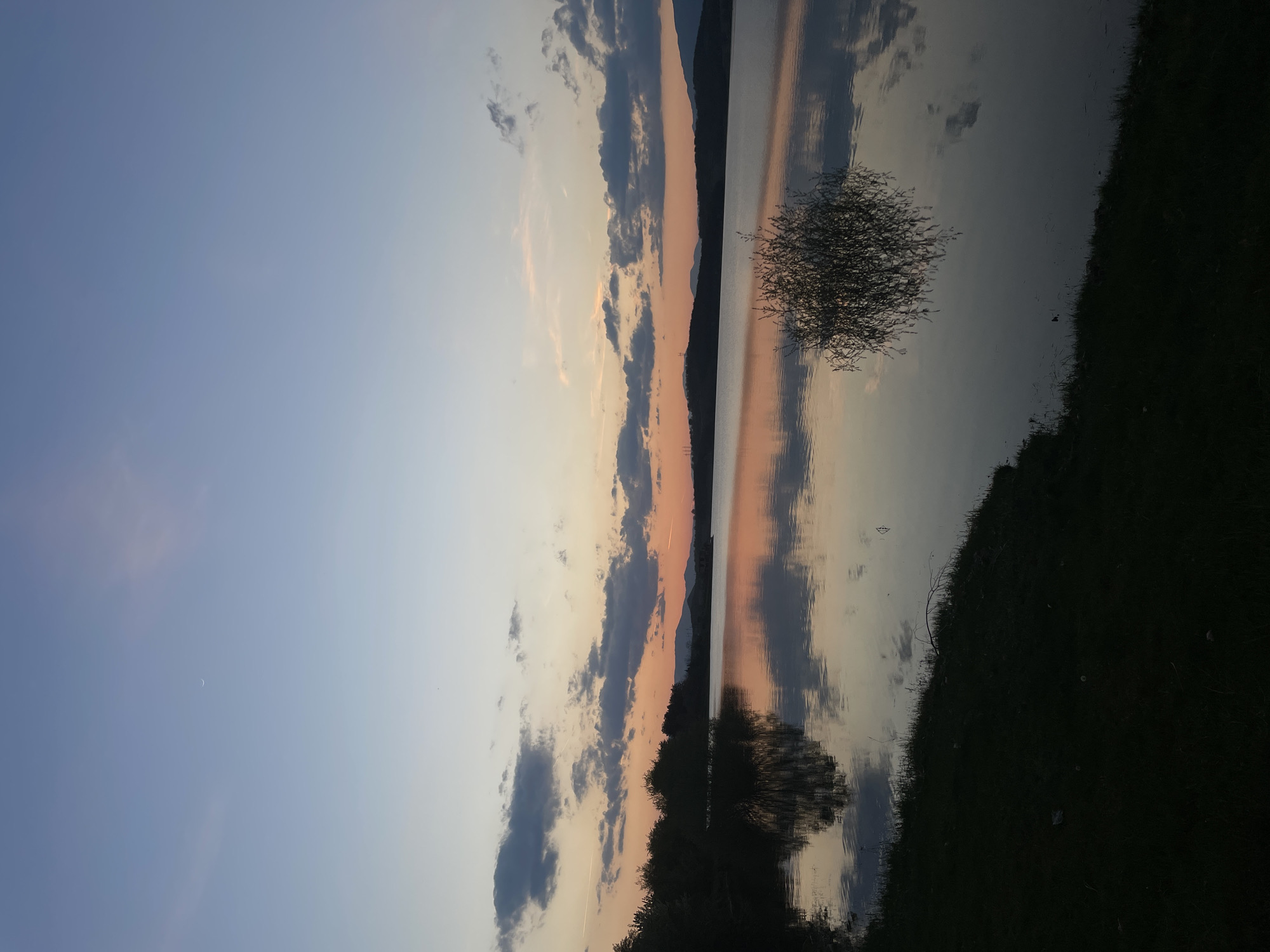 The image shows a landscape at dusk, likely in Domlyan, Bulgaria. A body of water, potentially a lake, reflects the sky and surrounding land. The sky transitions from a light blue to shades of orange and pink near the horizon, with scattered clouds. A mountain range or hills are visible in the distance. The reflection creates a mirror-like effect on the water's surface. Dark vegetation, likely grass and trees, occupies the foreground. A small, bushy tree grows near the water's edge. A thin crescent moon is visible in the upper left of the sky. There are no people present in the image.
