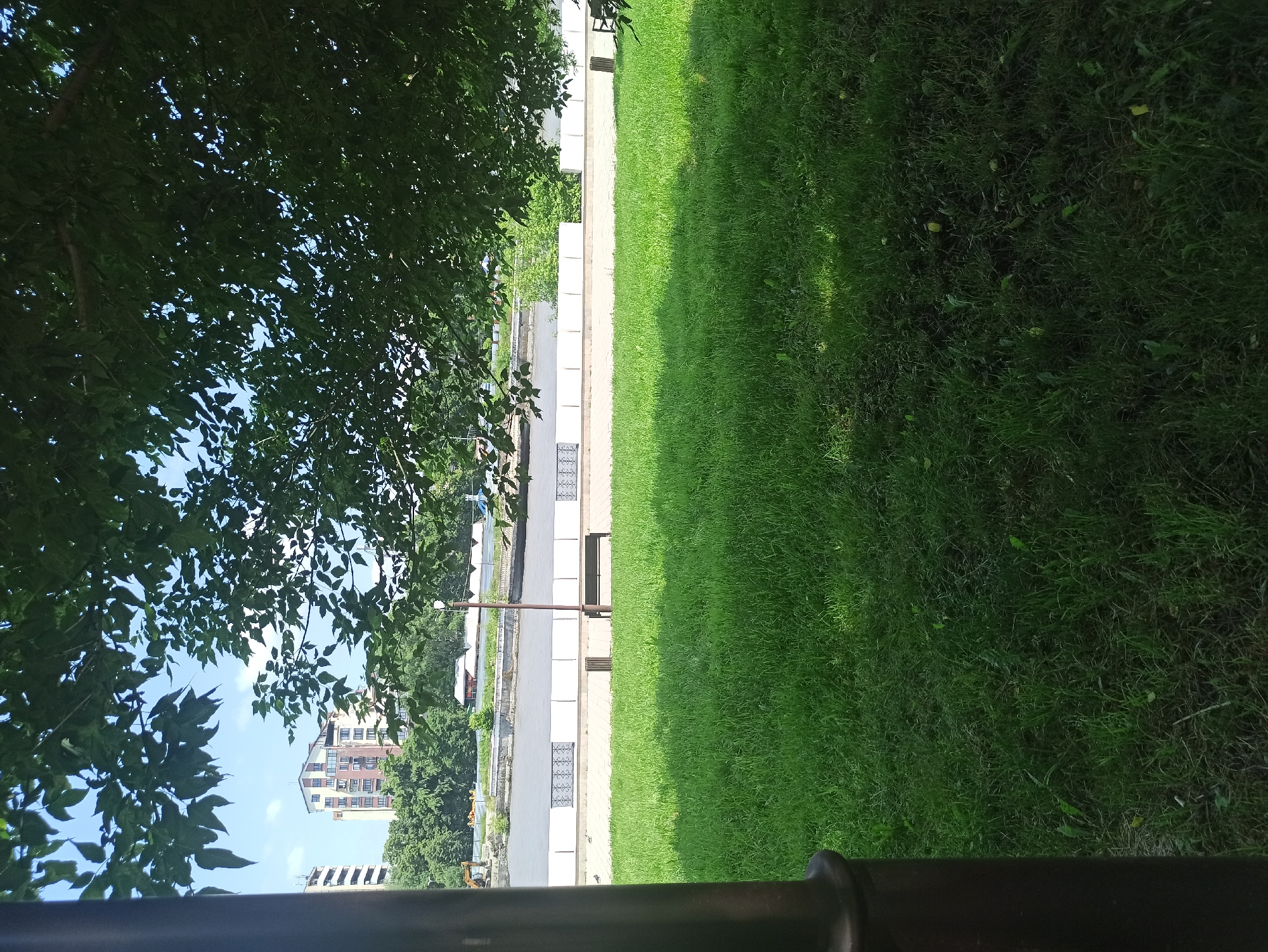 This image captures a serene park scene with a body of water in the background, likely a river or canal. Lush green grass dominates the foreground, dappled with sunlight filtering through the leaves of a large tree canopy that partially obscures the sky. A dark pole is visible on the left edge of the frame. Beyond the grassy area, a paved walkway runs alongside the water, lined with white decorative barriers. A dark bench and a trash receptacle are situated on the walkway. In the distance, across the water, buildings are visible, including a multi-story structure with a distinctive architectural design, and a line of trees. The sky is a clear blue with a few scattered clouds. There are no people present in the scene. The overall impression is one of a tranquil urban green space on a sunny day.