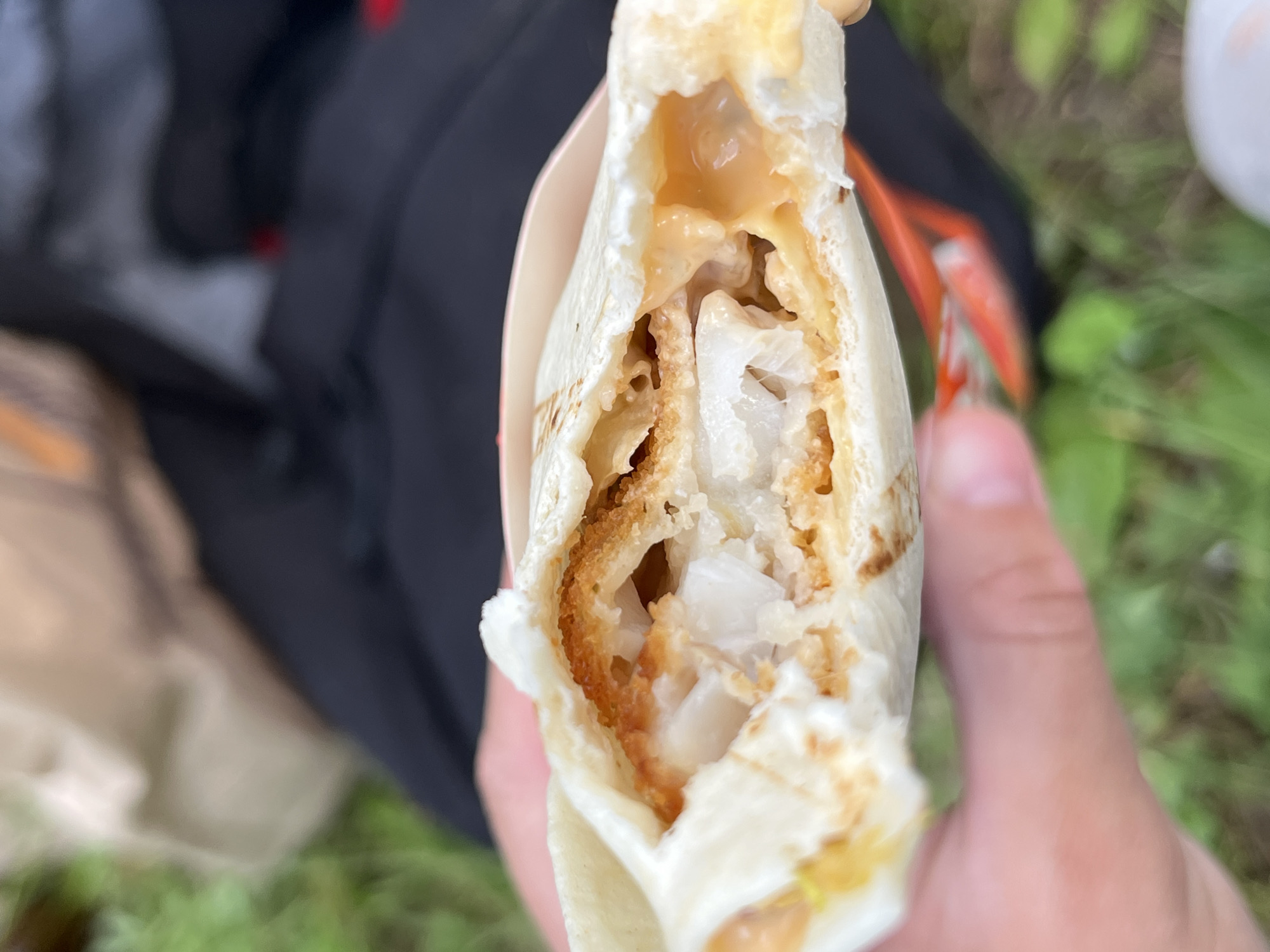 In a close-up shot, a person's hand holds a half-eaten wrap, likely containing fried fish and cheese. The wrap, made of a white tortilla, is partially opened to reveal the filling. The fish appears white and flaky, coated in a golden-brown batter, and is mixed with melted cheese. The background is out of focus, showing hints of greenery and dark fabric, suggesting an outdoor setting, possibly in Nizhny Tagil, Russia, though no specific landmarks confirm this location. The lighting is natural, and the focus is solely on the food item being held.