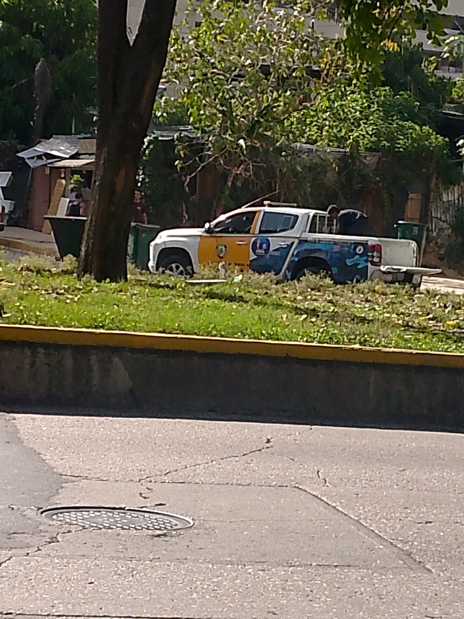The image shows a white pickup truck with a yellow front quarter panel and custom graphics on the sides parked on a grassy median in Caracas, Venezuela. The truck has a government emblem on the front quarter panel. Two people are near the back of the truck, one appearing to be reaching into the truck bed. Other people are partially visible near what appears to be a makeshift structure or dwelling. The foreground shows a section of asphalt road with a manhole cover. Trees and dense foliage surround the area.