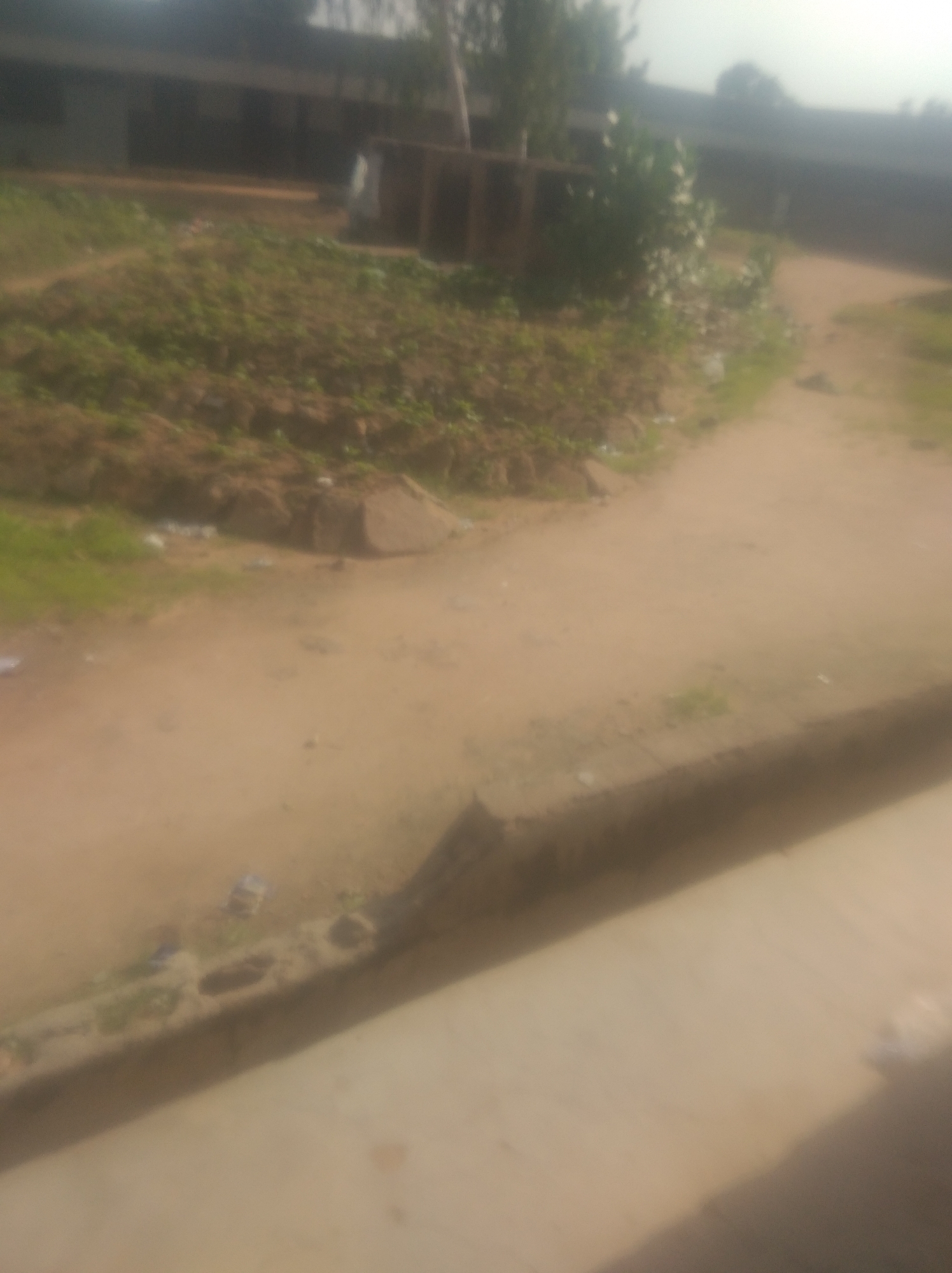 The image depicts an outdoor scene in Jalingo, Nigeria. In the background, a long, low building with visible windows is present, suggesting a school or similar institution. The building appears to be constructed of concrete. In front of the building, there is an area with vegetation, appearing somewhat overgrown and with patches of exposed earth. Scattered debris, including what looks like plastic bags and possibly discarded items, is visible on the ground in this area.
A dirt path or road runs through the middle ground, leading from the foreground towards the building. The path is dusty and appears to be unpaved. To the right of the path, there is a raised concrete curb or edge, possibly part of a drainage system or walkway. The foreground is dominated by this curb and a lighter colored surface, potentially another pathway or a concrete slab, that is blurred and out of focus.
The lighting suggests it is daytime, likely late morning or early afternoon, given the brightness and the quality of the shadows, though these are not distinctly visible due to the blur. The sky is overcast or hazy. No people are visible in the frame. The overall impression is of a somewhat neglected outdoor space adjacent to a building. There is no visible text in the image.