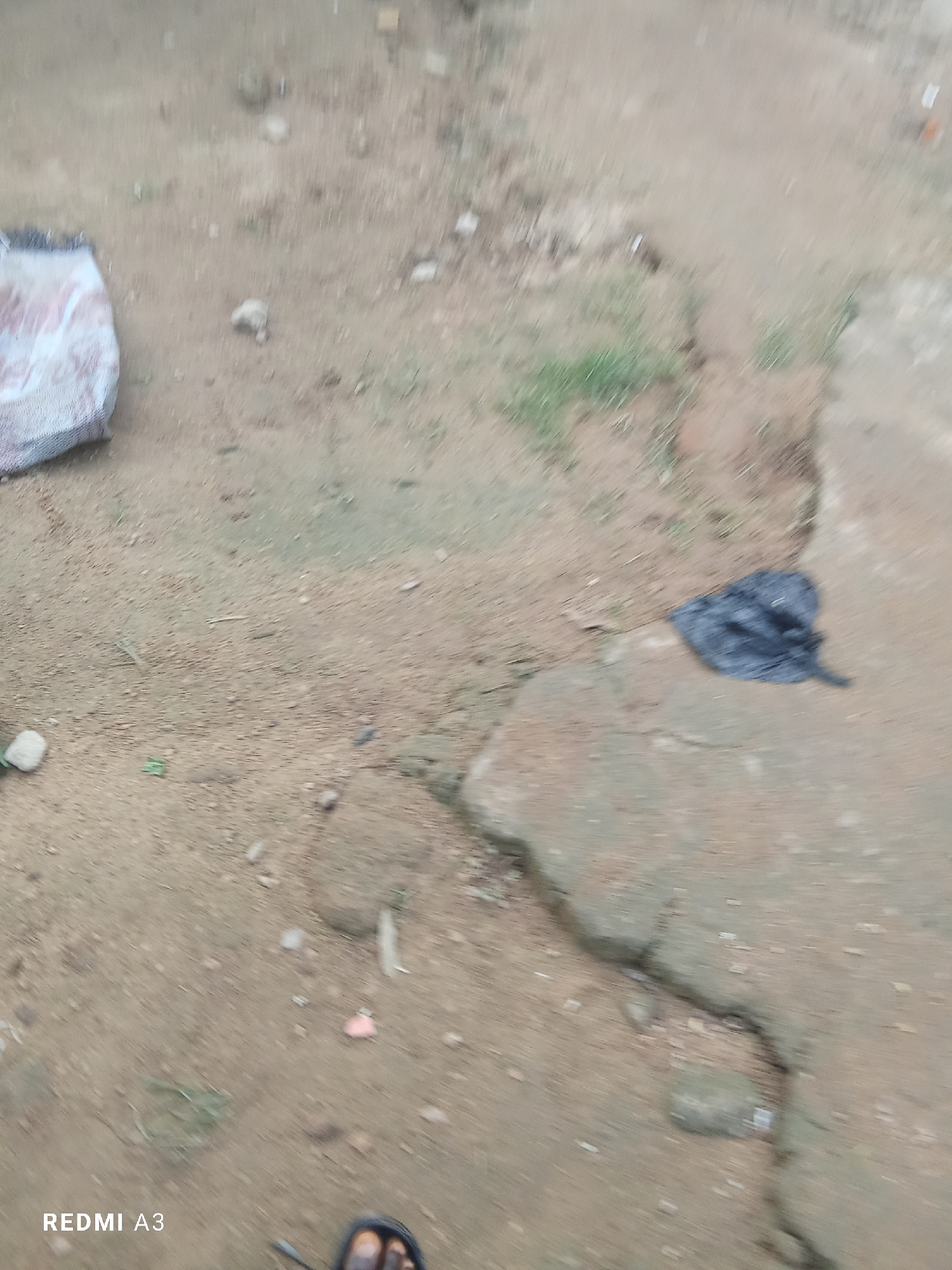 The image depicts an outdoor scene, likely a dirt path or road, with scattered debris. A white and red bag is visible on the left side of the frame. In the center-right, a dark, crumpled object, possibly a plastic bag or fabric, lies on a patch of uneven concrete. The ground is composed of sandy soil and small stones, with sparse patches of green vegetation. The overall impression is of an unkempt or neglected outdoor area. The watermark "REDMI A3" is present in the bottom left corner, indicating the device used for capture. The image is blurry and of low resolution, making precise identification of all elements challenging.