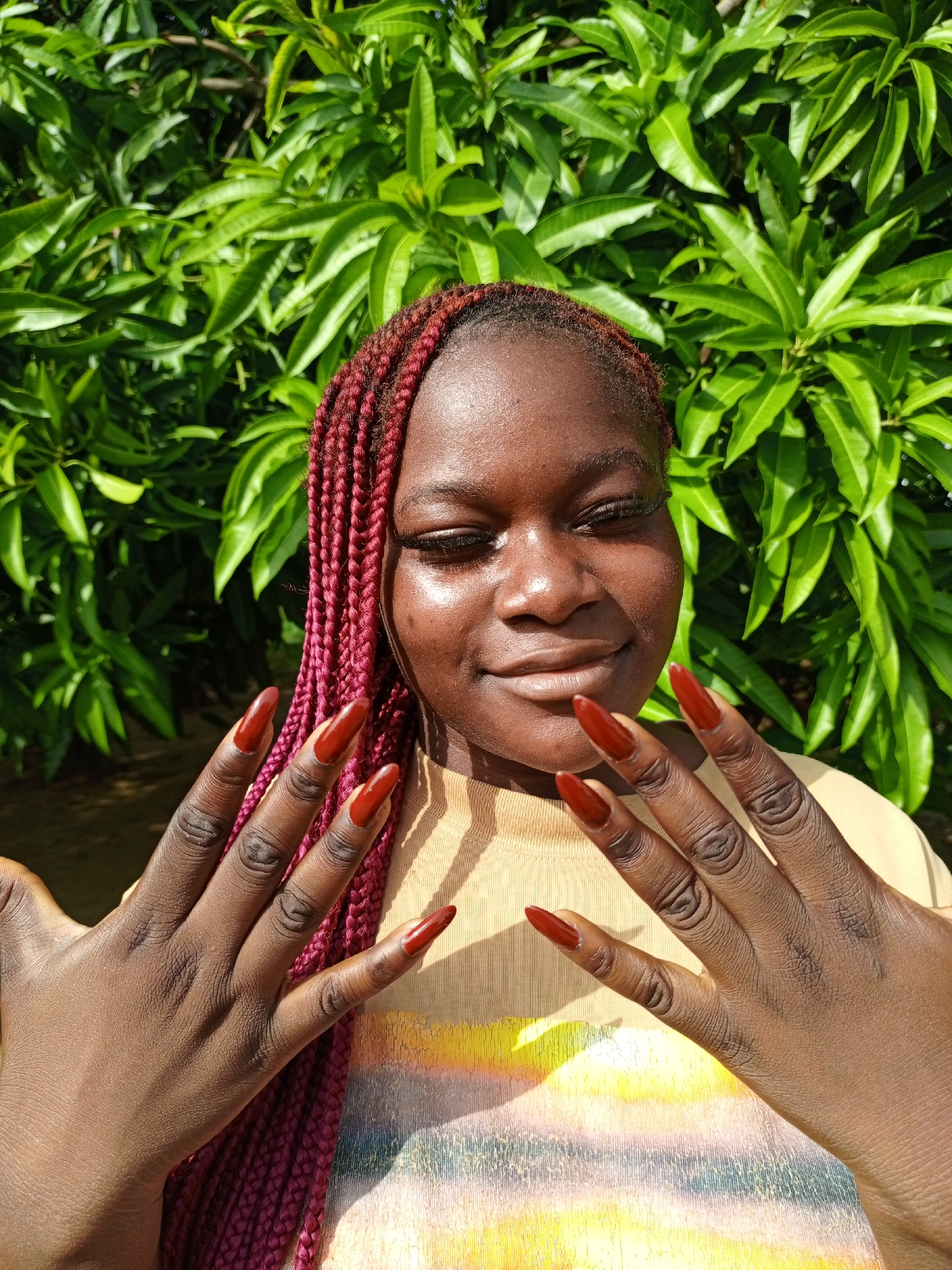 A portrait-style shot features a Black woman, captured from the chest up, against a vibrant backdrop of dense, lush green leaves, suggesting an outdoor setting in Keffi, Nigeria. She has dark red braided hair, styled in cornrows, falling over her shoulders. Her face is illuminated by bright natural sunlight, creating highlights on her forehead, nose, and chin, and she displays a soft, gentle smile looking towards the camera.
Her hands are brought up into the frame, palms facing outwards, prominently showcasing her long, coffin-shaped nails, which are painted a striking dark red. She wears a light yellow or beige top, which appears to have a multi-colored, abstract graphic design on the chest area, possibly depicting a sunset or a similar artistic pattern. The bright sunlight suggests it is daytime, and the overall atmosphere is cheerful and relaxed. There is no visible text in the image.