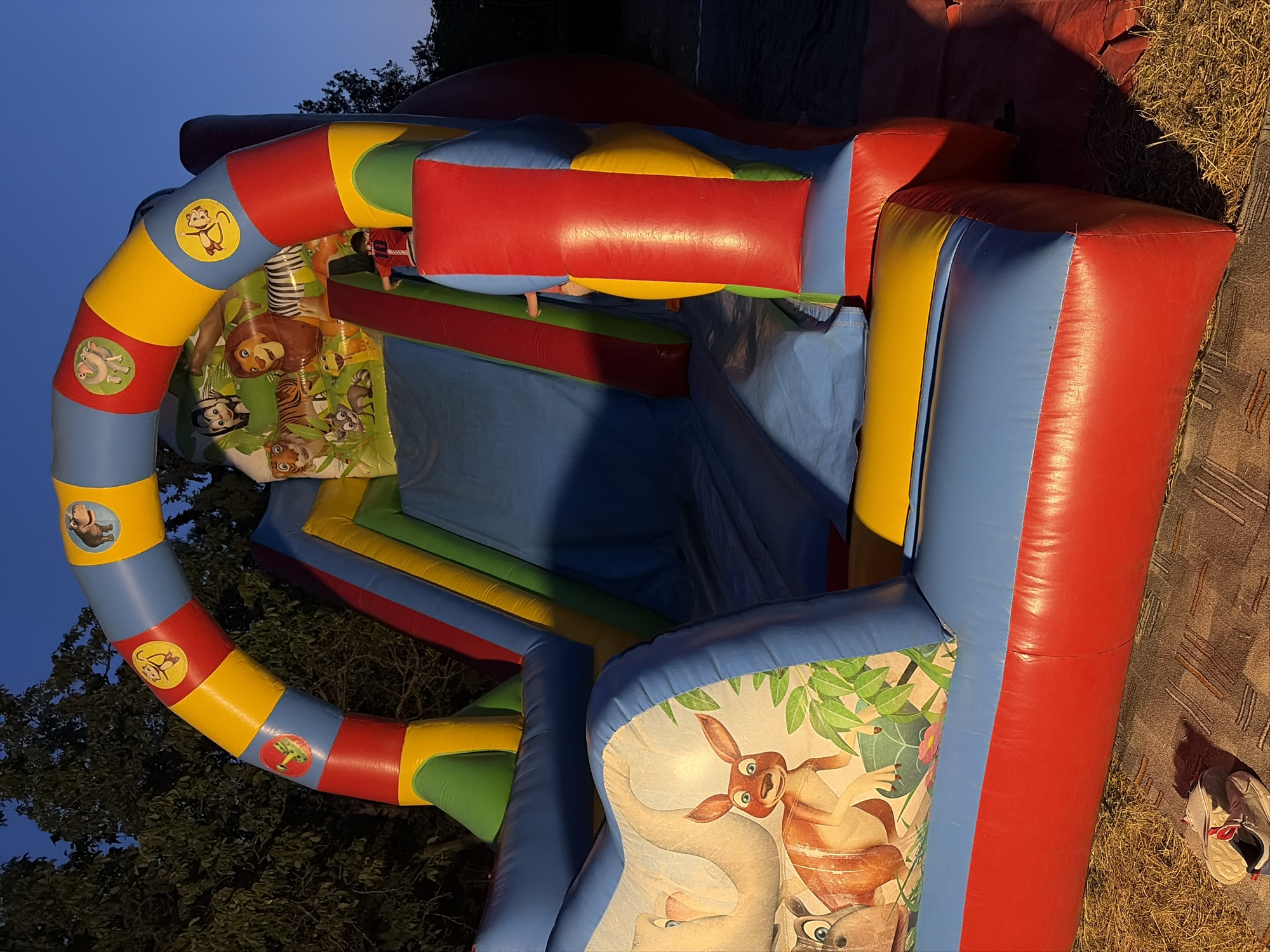 An inflatable castle with a jungle theme is set up outdoors at dusk, likely in Oxentea, Moldova. The castle features a slide and an arched entryway adorned with cartoon images of various animals, including a lion, tiger, monkey, and a hippopotamus. A young boy in a red shirt is climbing the stairs to the slide. In the foreground, a pair of white sneakers rests on a mat. The ground around the inflatable is covered with grass and straw, and a red tarp is visible to the right. Trees form the background against a twilight sky.