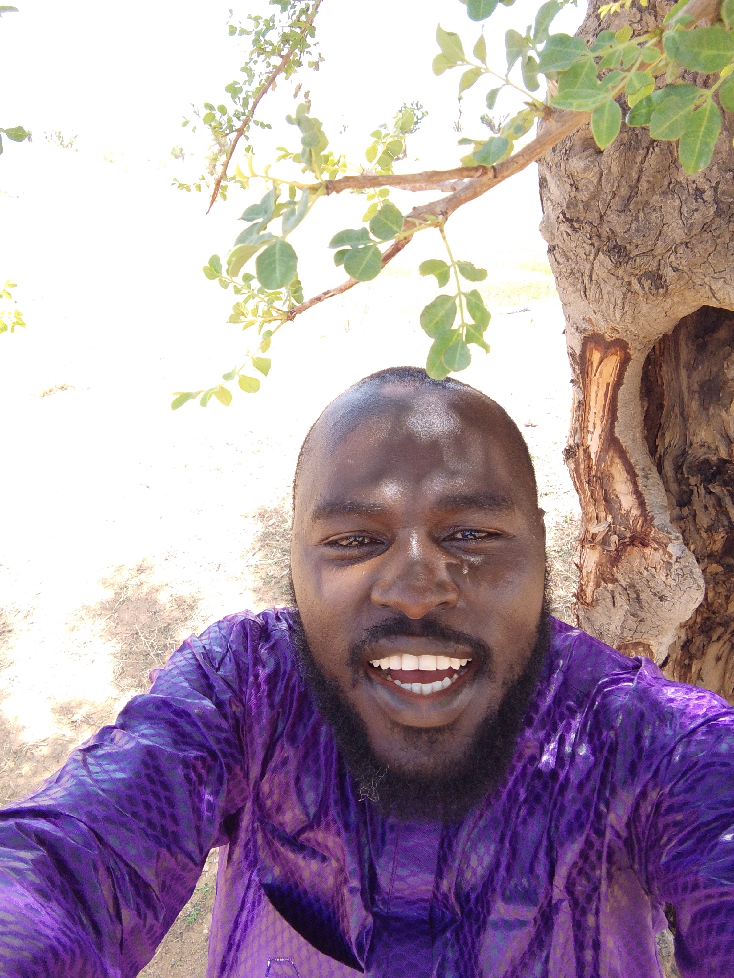 A man with dark skin and a beard is smiling broadly at the camera. He is wearing a purple patterned shirt. Behind him and to his right is a tree trunk with a hole in it. Leaves and branches are visible above the tree and the man's head. The background is a bright, slightly blurred landscape. The image was likely taken outside in Mulke Barikin Sayejo, Nigeria.