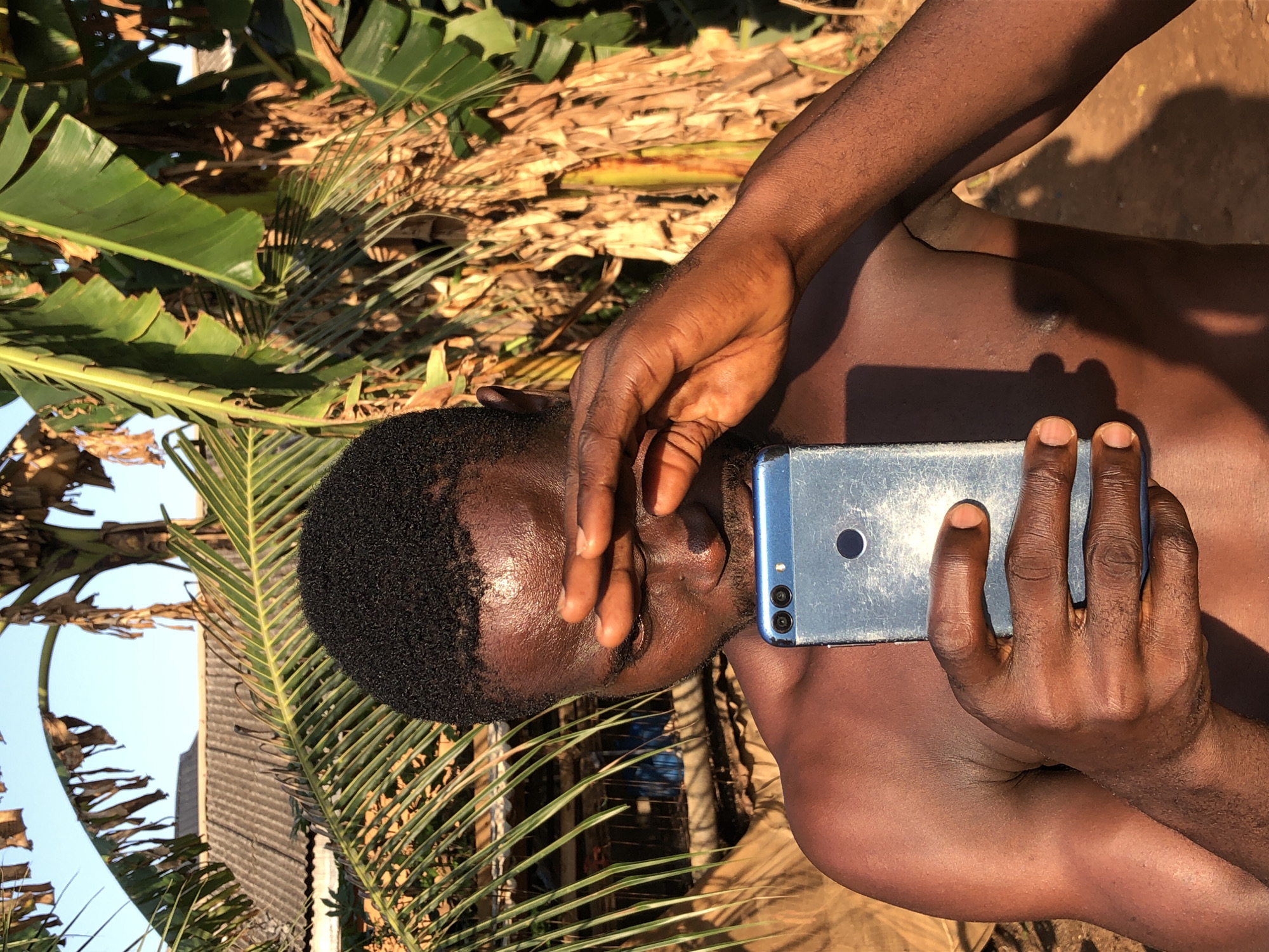 The image shows a person with dark skin, bare-chested, holding a silver-blue smartphone outdoors. The person has short, dark, curly hair. Their right hand holds the phone's right side, while their left hand is positioned over the lower part of their face, partially obscuring the mouth and chin, as it holds the left side of the phone. The smartphone features a dual-camera setup and a circular fingerprint sensor on its back.
The activity appears to be the person engaging with their phone, possibly taking a picture or video, or viewing content on the screen, with one hand intentionally or unintentionally covering part of their face.
The setting is an outdoor, natural environment characterized by abundant tropical foliage. Large, green leaves, possibly from banana plants, are prominent, along with thinner palm fronds. Dried leaves and natural ground are also visible in the background. In the upper left corner, a small section of a building with a textured roof can be seen against a light blue sky.
The scene is lit by strong, warm sunlight, indicating it is daytime, likely early morning or late afternoon, as evidenced by the distinct shadows and golden hue of the light. No discernible text is visible on the phone or in the surroundings.