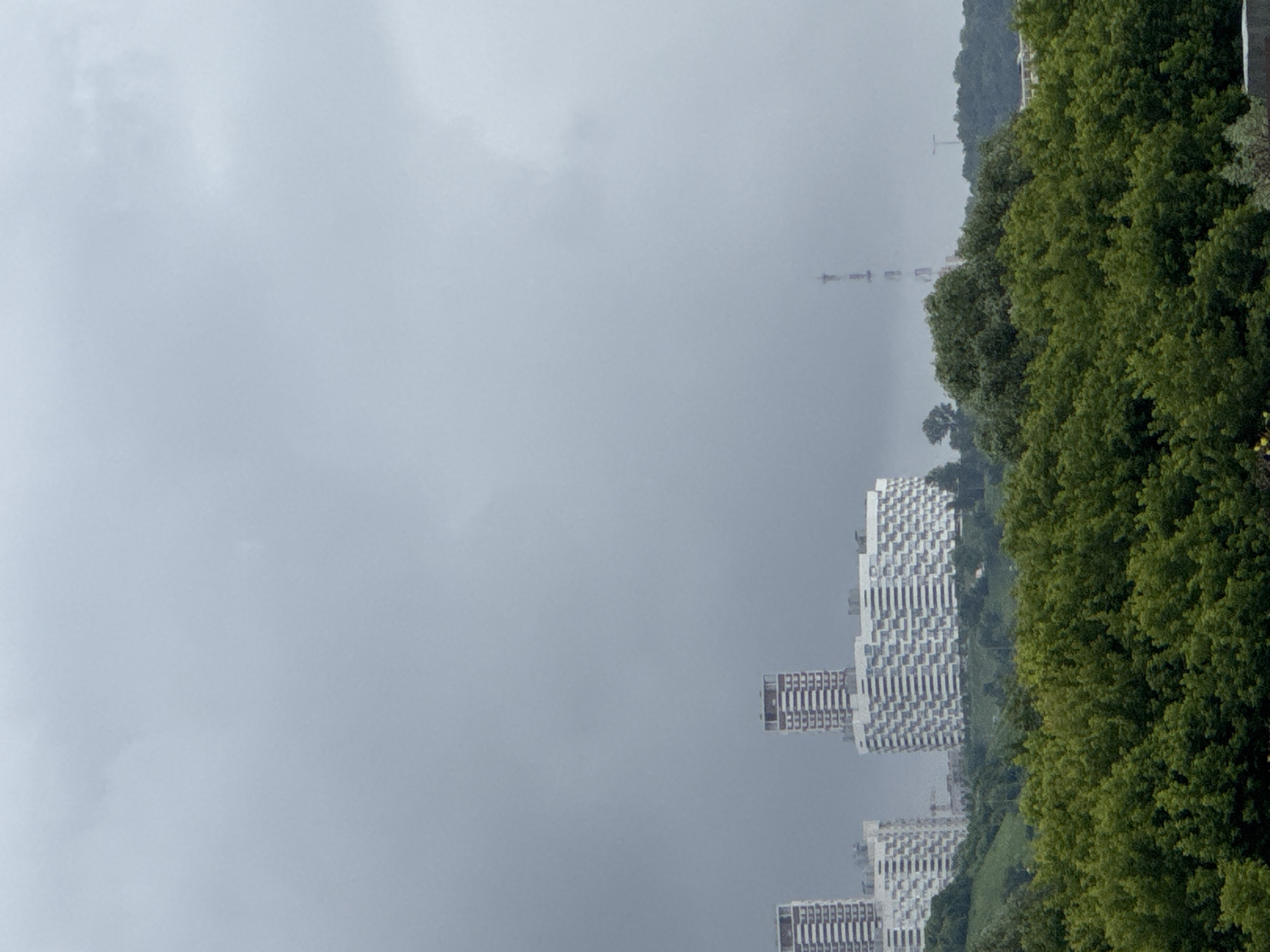 The image shows a cloudy sky over a cityscape in Nizhny Novgorod, Russia. In the foreground, a dense canopy of green trees fills the lower half of the frame. Behind the trees, several modern buildings are visible, with white facades and distinctive patterned balconies. Two taller, slender buildings with darker upper sections stand out, as does a wider, undulating white building. Further in the distance, a lattice radio tower rises against the hazy sky, along with other, less distinct structures. The overall atmosphere is subdued, likely due to the overcast weather.