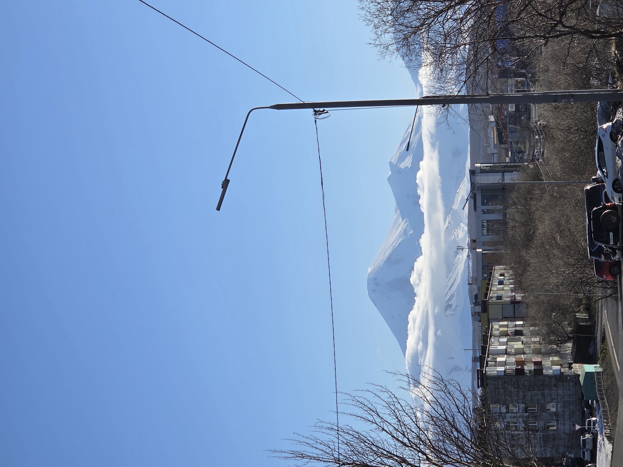 The image, taken in Unknown, Unknown, showcases a cityscape with a striking juxtaposition of urban and natural elements. A clear, blue sky dominates the left side of the frame, contrasting sharply with the right side where a snow-capped mountain range is visible, partially obscured by clouds. In the foreground, a bare tree branch extends from the bottom, its intricate network of twigs reaching into the frame. A street lamp pole stands tall, its arm extending across the sky. Wires stretch across the sky, adding a linear element to the scene. The middle ground features buildings of various heights and designs, hinting at a blend of residential and commercial areas. Cars are parked along the side of the road, suggesting a populated area. The overall scene presents a blend of natural beauty and urban development, captured in a well-lit, daytime shot. The image is oriented vertically.