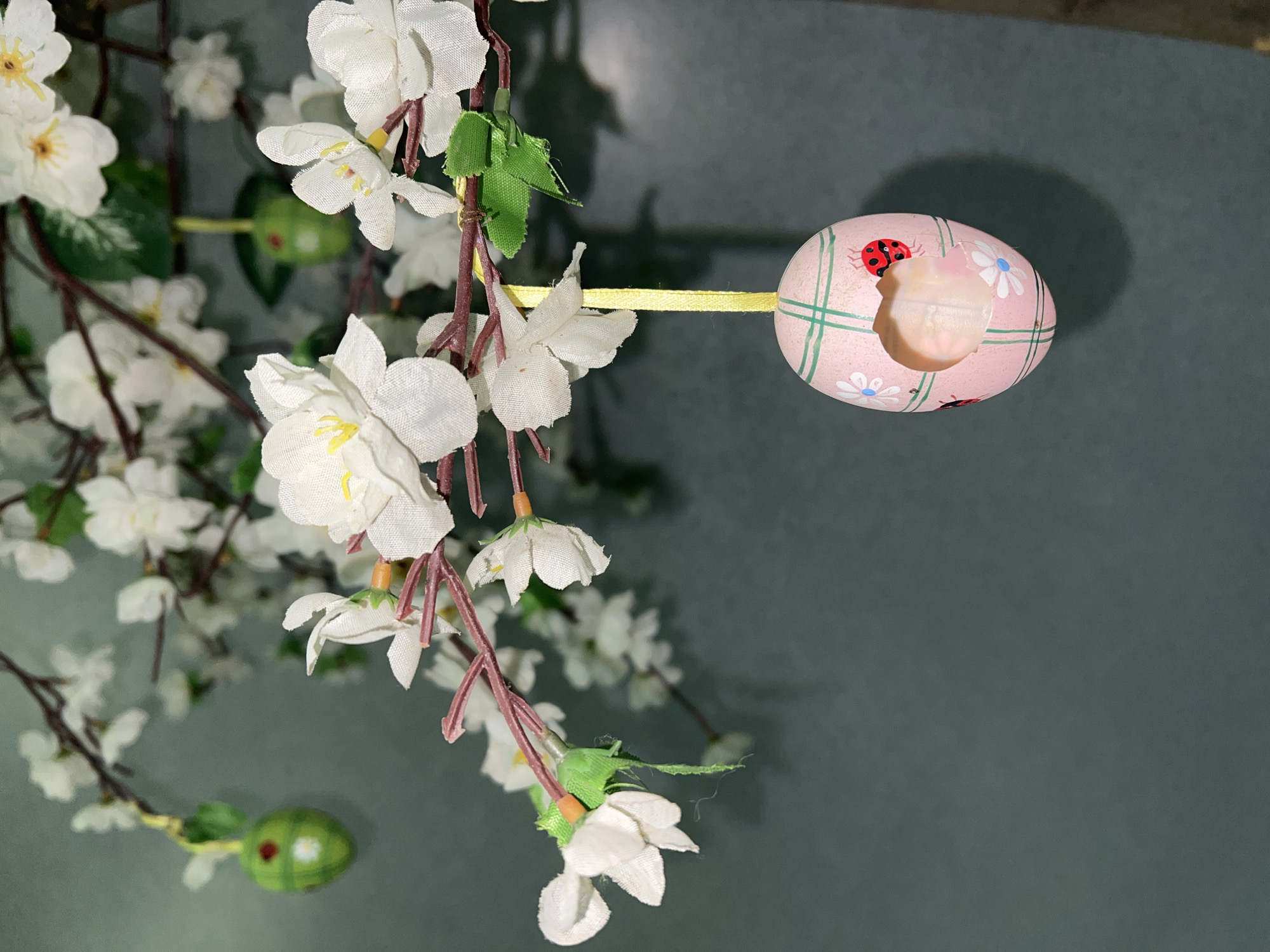 The image displays a close-up of decorative items, centered around a pale pink egg and artificial white flowers. The scene suggests a spring or Easter theme, likely part of an indoor arrangement in Perm, Russia.
**Subjects:**
A prominent feature is a horizontally positioned, pale pink decorative egg on the right. It is painted with thin green plaid lines, several red ladybugs with black spots, and small white daisies with yellow centers. One end of the egg is hollowed out, revealing a lighter pink interior. A thin yellow ribbon connects this egg to a branch of artificial white flowers on the left. These flowers, resembling cherry blossoms or similar spring blooms, have fabric petals, yellow stamen-like details, and are attached to reddish-brown faux branches. Small green fabric leaves are interspersed among the blooms. In the blurred background, additional white flowers and a green, oval-shaped decoration adorned with red dots are visible.
**Activity or Event:**
No specific activity or event is taking place. The image is a static capture of these decorative elements, arranged for aesthetic purposes.
**Notable Details:**
The lighting suggests an indoor setting, with soft shadows, particularly from the egg onto the background. The background is a uniform, dark teal-gray surface, possibly a wall, which provides a subdued contrast to the vibrant decorations. The overall mood conveyed is one of cheerfulness and seasonal celebration, likely related to spring or Easter. There are no visual cues within the image to specify the time of day or weather conditions. The location context provided is Perm, Russia, but this cannot be determined from the visual information alone.
**Visible Text:**
There is no visible text present in the media file.