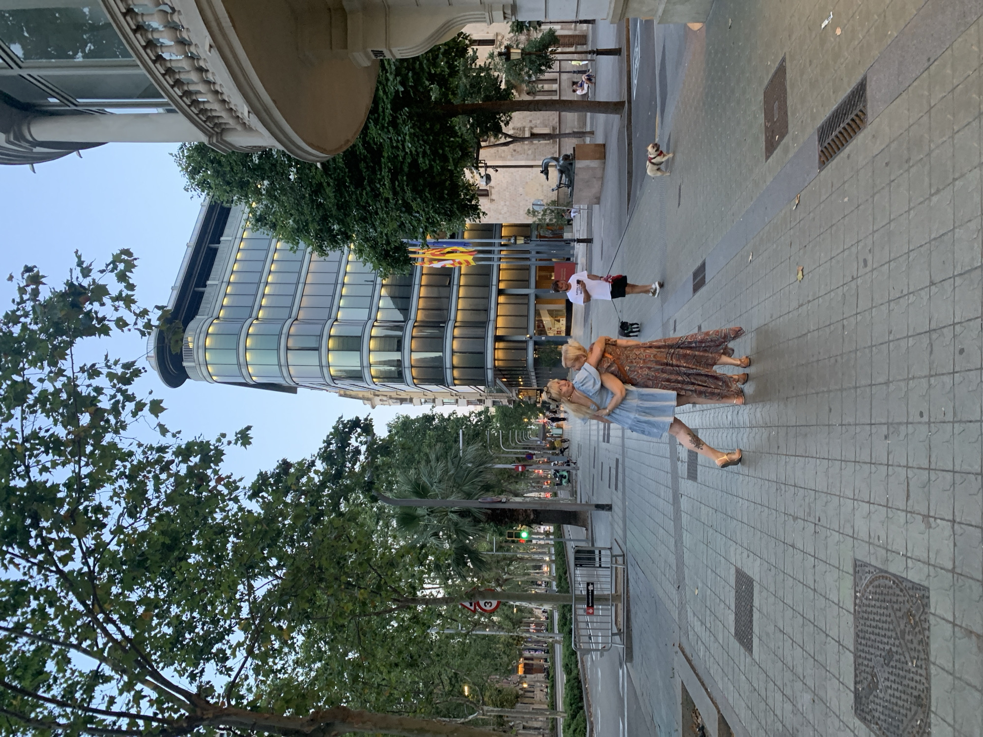 The image depicts a street scene in Barcelona, Spain, likely in the evening as indicated by the lighting. In the foreground, two women are embracing on a pedestrian sidewalk paved with grey square tiles. One woman wears a light blue dress and the other a patterned maxi dress. To the right of them, a man walks with two dogs on leashes: a small black dog and a pug. Further down the sidewalk, other people are visible sitting and walking.
The street itself is lined with trees that form a canopy over the sidewalk. Traffic lights are visible, with one showing a green light. The background features a modern, curved building with a glass facade that reflects the sky and interior lights. Adjacent to this building are flags, including the Catalan flag. To the right of the modern building is a more traditional building with a rounded balcony and ornate detailing. The overall environment suggests an urban setting with a mix of architectural styles and daily life occurring on the street.