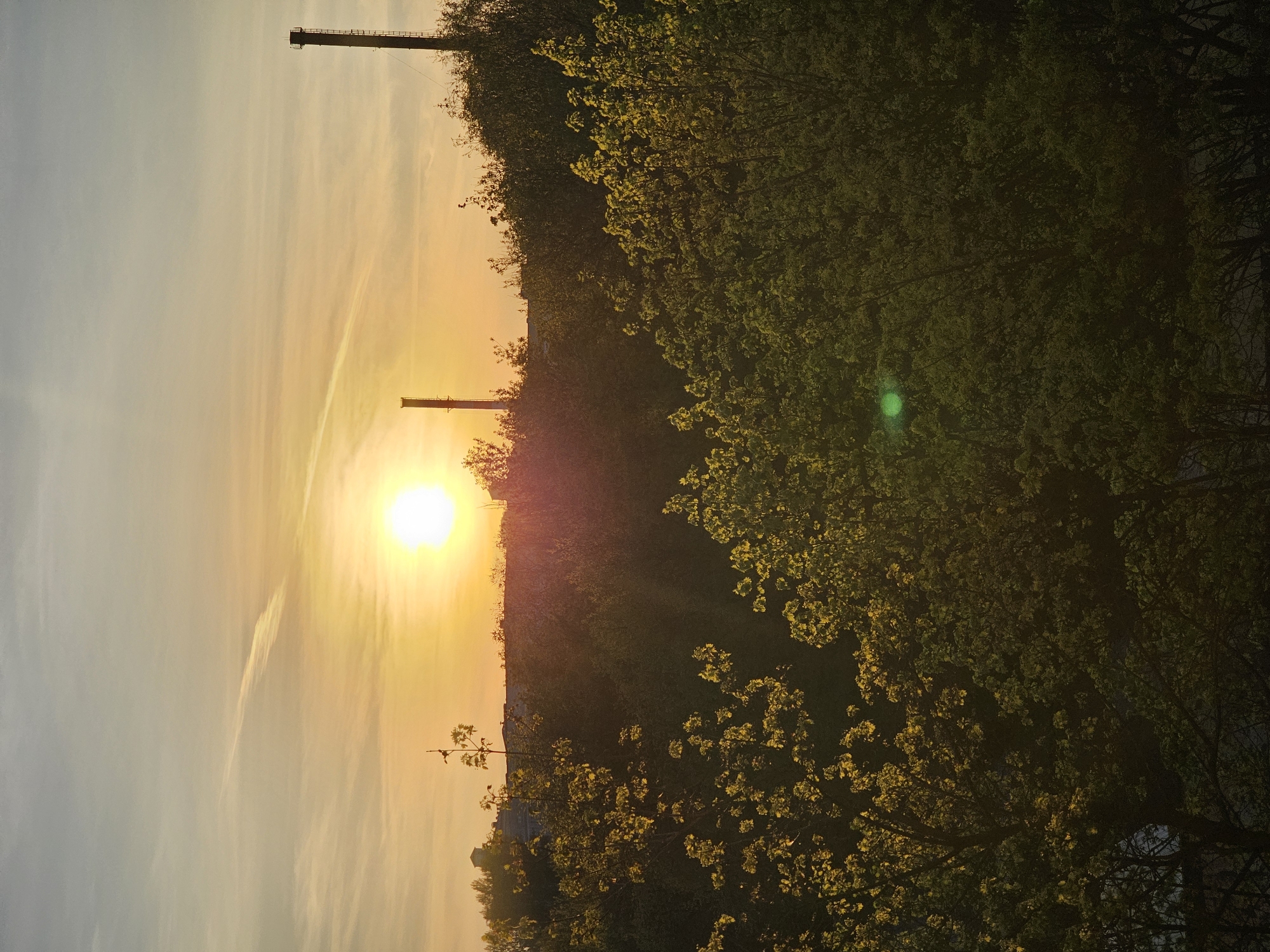The image depicts a sunset scene likely captured in Khimki, Russia, suggested by the presence of industrial structures, possibly factory chimneys, in the distance. The sun is centrally positioned, radiating a warm golden glow across the horizon, which fades into lighter tones of the sky. The foreground is dominated by trees with dense foliage, some illuminated by the sunset, with a green flare present on the greenery. The scene conveys a mix of industrial and natural elements.
