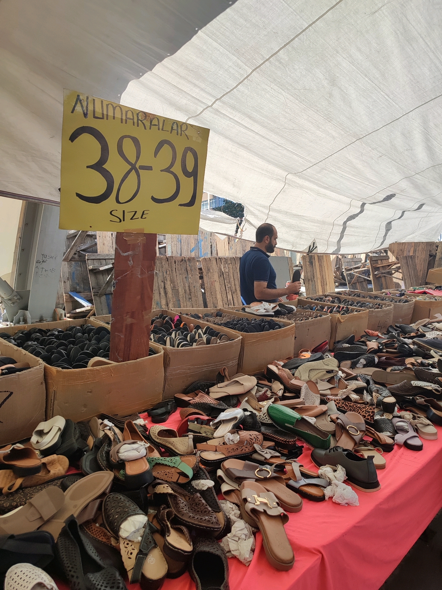 The image shows an outdoor market stall, likely in Kadıköy, Turkey, with a vendor and a large display of footwear. A man in a navy blue t-shirt is standing behind a table covered in a bright pink tablecloth, holding a black shoe in his right hand. He appears to be examining or presenting the shoe. The table is laden with various types of women's shoes, including sandals, flats, and loafers, in a multitude of colors and designs. Behind the table, large cardboard boxes are filled with more shoes, primarily black ones, some appearing to be flip-flops or simple sandals. A yellow sign with black lettering is prominently displayed, indicating "NUMARALAR" (Numbers) and "38-39 SIZE". The stall is covered by a white tarp, supported by wooden structures, creating a shaded area. The background reveals more market elements, including wooden crates and structures, suggesting a bustling open-air market environment. The overall scene depicts a typical retail setting for footwear in a Turkish market.