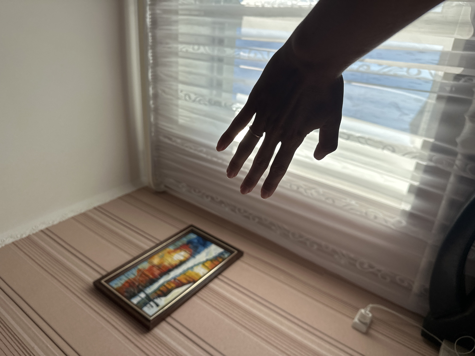 A hand with a ring is held up against a sheer white curtain, obscuring a window. To the left, a framed painting with colorful abstract lines hangs on a wall with pink striped wallpaper. A white electrical outlet with a cord is visible on the wall below the painting. The scene appears to be indoors, possibly a room in Rasskazovo, Russia.