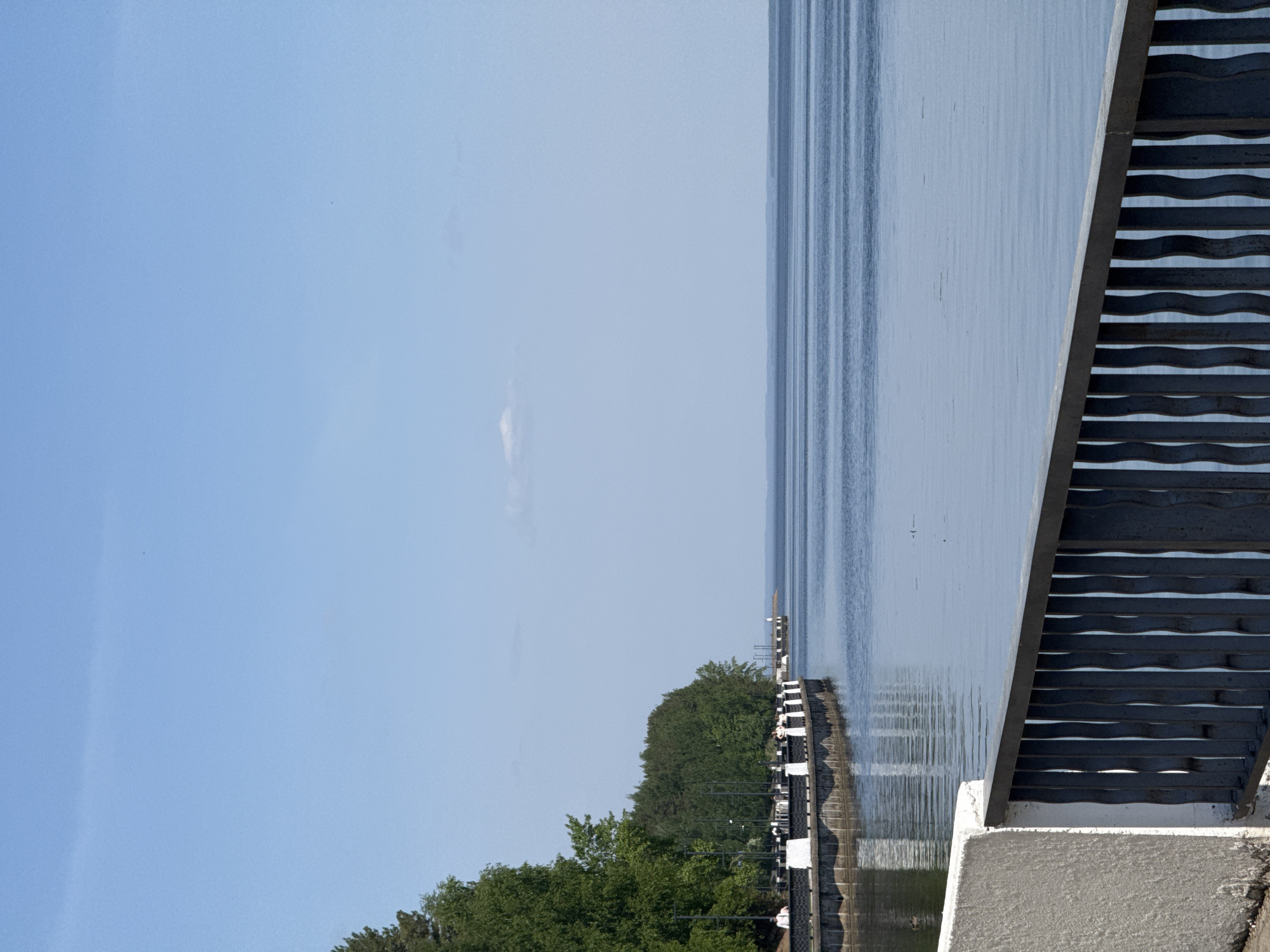 The image captures a waterfront scene, likely taken from a bridge or elevated walkway. A body of water, possibly a lake or wide river, extends to the horizon under a clear, blue sky. The water's surface has a smooth, slightly rippled texture. The right edge of the frame is dominated by a section of the bridge's guardrail, constructed with a concrete base and a series of horizontal, curved metal bars, creating a wave-like pattern.
On the left side of the water, a line of trees and vegetation runs along the shore. A concrete barrier or walkway, painted white, is visible along the shoreline. The presence of regularly spaced poles suggests the area is maintained or accessible. The exact location within a city is unknown.