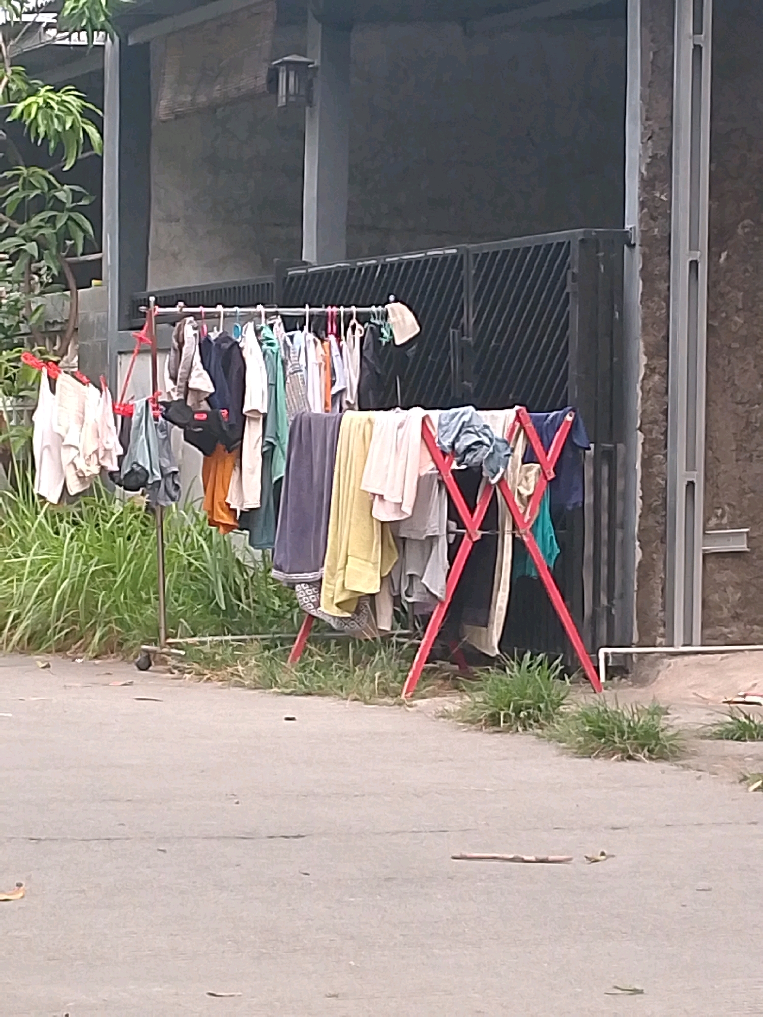The image captures an outdoor scene in Klapanunggal, Indonesia, depicting a clothesline filled with various garments. Two clothes drying racks are visible: a metal rack with wheels on the left, and a red A-frame rack on the right. The racks are adorned with a mix of clothing items, including shirts, pants, and towels, in a range of colors and styles. The background consists of a house with a dark-colored gate and textured walls. Lush green grass grows around the base of the clothes racks and extends into the foreground. The ground in front of the racks appears to be paved, possibly a street or walkway, with some scattered debris. The lighting suggests it is daytime, with soft shadows cast by the objects. No people are present in the image.