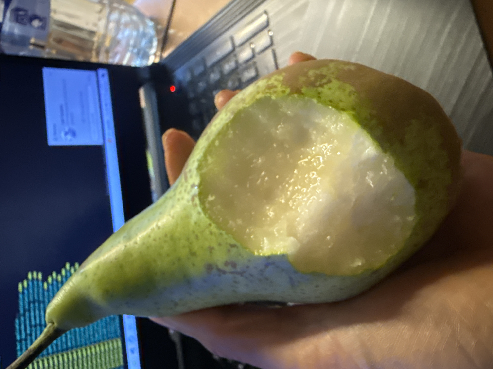 A hand holds a pear, a large bite missing from the side, revealing the fruit's white flesh. The pear is green and brown. Behind the hand and pear is a laptop, displaying what appears to be a graph and a smaller window. The background includes a water bottle and part of a keyboard. The image suggests an indoor setting. There are no indications in the image that this scene is in Barcelona, Spain.