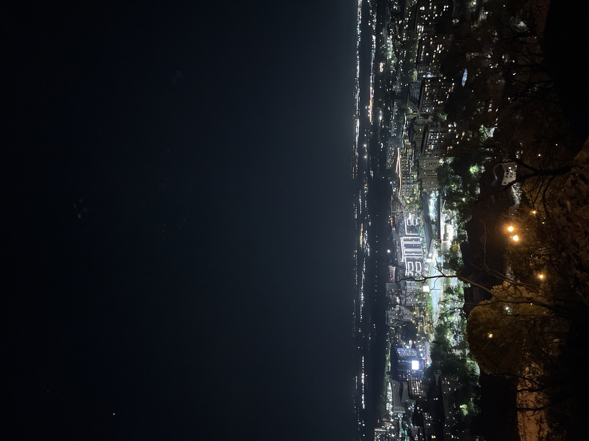 The image depicts a nighttime cityscape, with the left side of the frame dominated by a dark, possibly marine area. Along the right, city lights illuminate buildings and streets. Trees and vegetation are present on the right side of the image. The city is likely Plovdiv, Bulgaria, judging by the architectural style and urban layout.