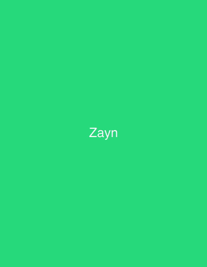 The image consists of a solid, uniform green background. Centered on this background is the word "Zayn," rendered in white, sans-serif uppercase letters. No discernible people, subjects, objects, actions, interactions, or environmental features are present. The visual content offers no information about a specific geographical location, including the city of Casablanca, Morocco, or any other urban or natural environment.