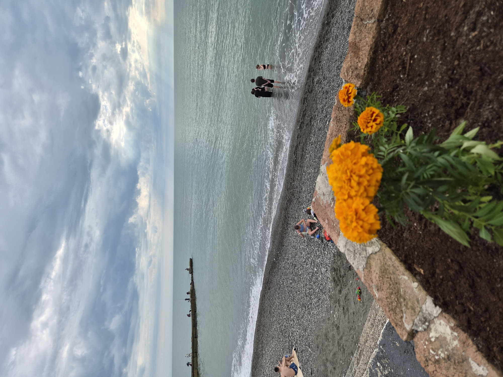 The scene depicts a beach in Sochi, Russia, adjacent to a breakwater with several people fishing. The beach has dark sand and small stones. Several people are on the beach, some sunbathing and some wading in the water. A flower bed with orange marigolds in the foreground is separated from the beach by a low stone wall. The sky is overcast with grey clouds.