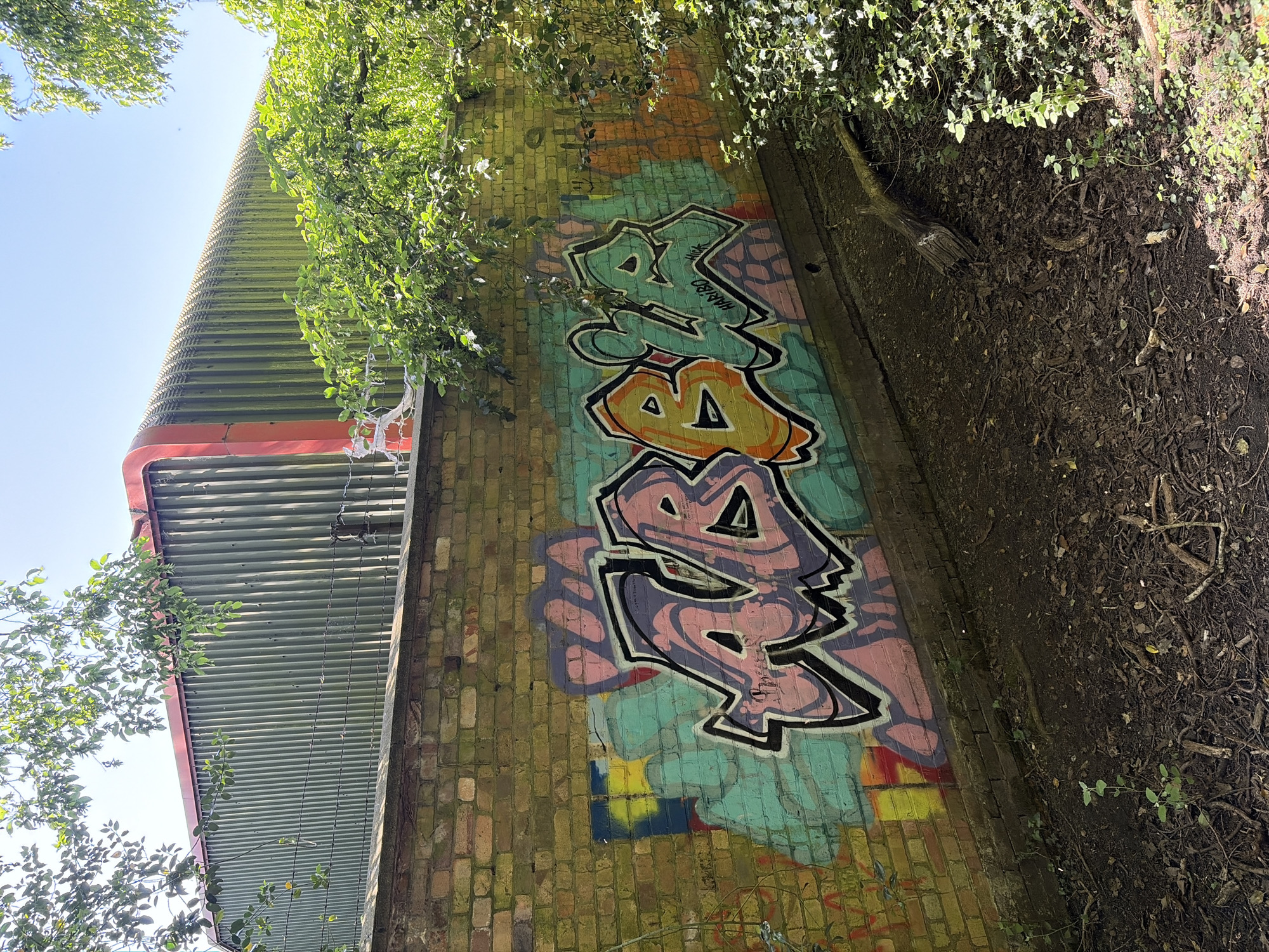 The image shows a brick wall with graffiti art, partially obscured by foliage, adjacent to a metal structure with a red edge, likely a building or bridge. The background consists of dirt, leaves, and more foliage. The graffiti consists of three letters stacked vertically, painted in different colors: green, orange, and pink/purple, outlined in black. The photograph was taken from a low angle, looking up at the wall and structure. The location is likely in Ipswich, United Kingdom, based on the prompt.