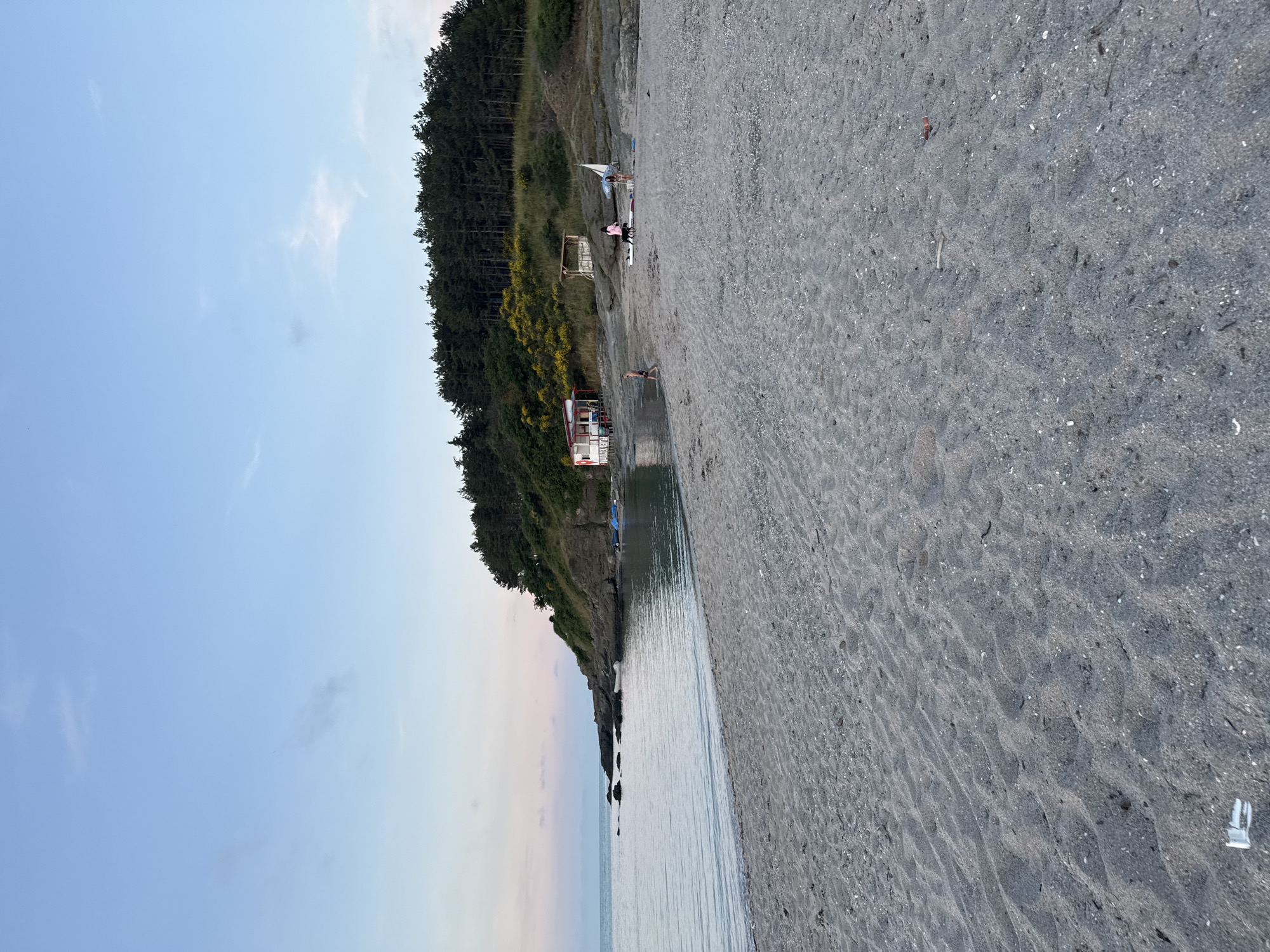 The image depicts a serene beach scene at dusk, likely located near the city of Tsarevo, Bulgaria. The foreground is dominated by a sandy beach, with ripples and small pebbles visible. The calm sea stretches out to the left, meeting a rocky coastline on the horizon. A densely wooded hill covered in pine trees rises behind the beach.
In the middle ground, several structures and people are present. A small, red and white building with a life preserver hangs on the side is situated near the water's edge. A dark-colored boat is partially visible in the water next to the building. Further down the beach, a light wooden shelter stands, and several individuals are engaged in leisurely activities. One person is walking near the water, while a woman in a pink shirt walks a dog on the sand. Another person is sitting near a small sailboat. Two blue tarps are spread out on the beach, suggesting a picnic or relaxation area. A few boats are also visible moored near the shore. The sky transitions from a pale blue at the top to soft pink and yellow hues near the horizon, indicating the setting sun.