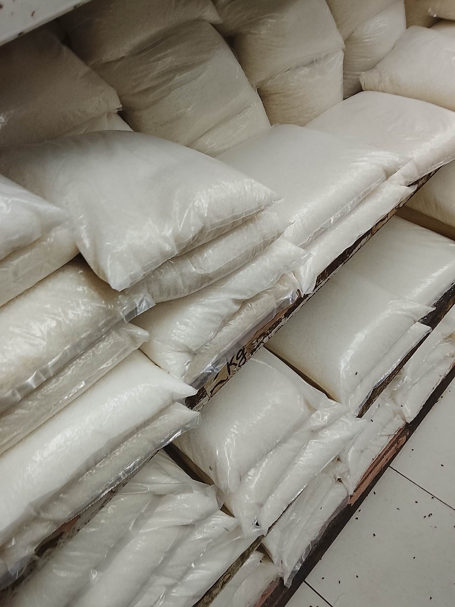 The image shows several shelves filled with clear plastic bags, likely containing a white granular substance such as sugar or salt. The bags are stacked closely together, suggesting a storage or retail environment. The scene appears indoors with tiled flooring visible. Black ants are crawling on the bags and on the floor. The bags are situated in what seems to be a shelf or display unit, with the bags labeled as "kg". The focus of the image is on the quantity of goods and the indication of potential pest issues. The location details (Gulgasht Colony, Pakistan) are not evident in the image.