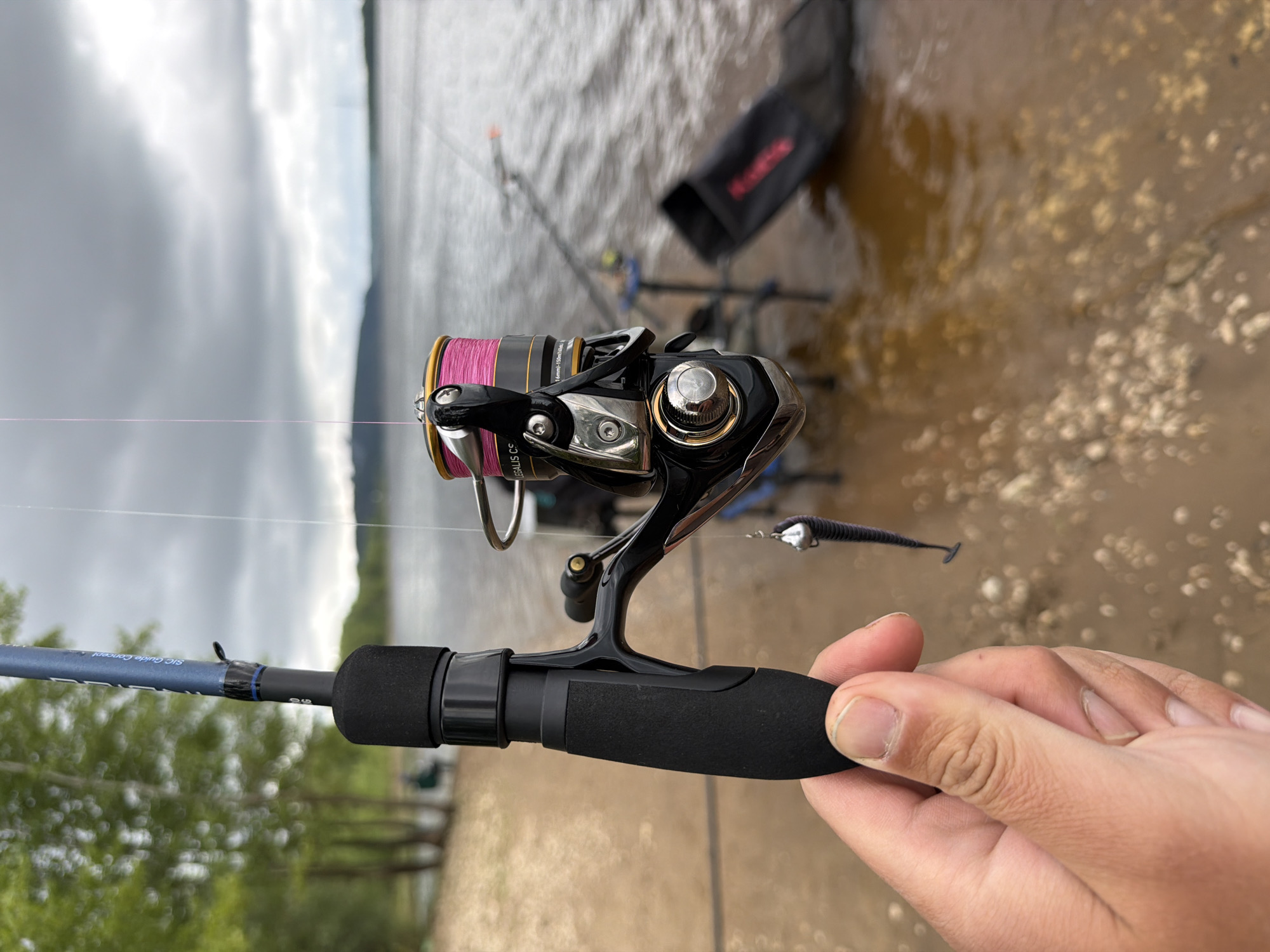 A close-up vertical shot depicts a person's hand holding a fishing rod and spinning reel on the shore of a large body of water in Chaikovsky, Russia. The individual's light-skinned right hand, with visible fingernails, grasps the black foam handle of the blue fishing rod. The rod features "SiC Guide Concept" lettering. Attached to the rod is a black and metallic Daiwa Legalis CS spinning reel, clearly displaying "LEGALIS CS" and "0.16mm-150m" markings. Its spool is wound with bright pink braided fishing line. A dark, segmented, worm-like soft plastic lure with a silver jig head hangs from the line directly below the reel.
The background reveals a muddy or sandy shoreline with small pebbles and ripples at the water's edge. To the right, a black bag, possibly a fishing net or equipment bag with a faint red logo, is partially submerged in the shallow water. Further back, two other fishing rods are set on separate stands near the water, suggesting additional fishing activity. Distant trees line the far shore, and a blurred figure of another person is faintly visible in the background among the trees. The expansive body of water extends towards a distant landmass under a heavily overcast, grey sky.
