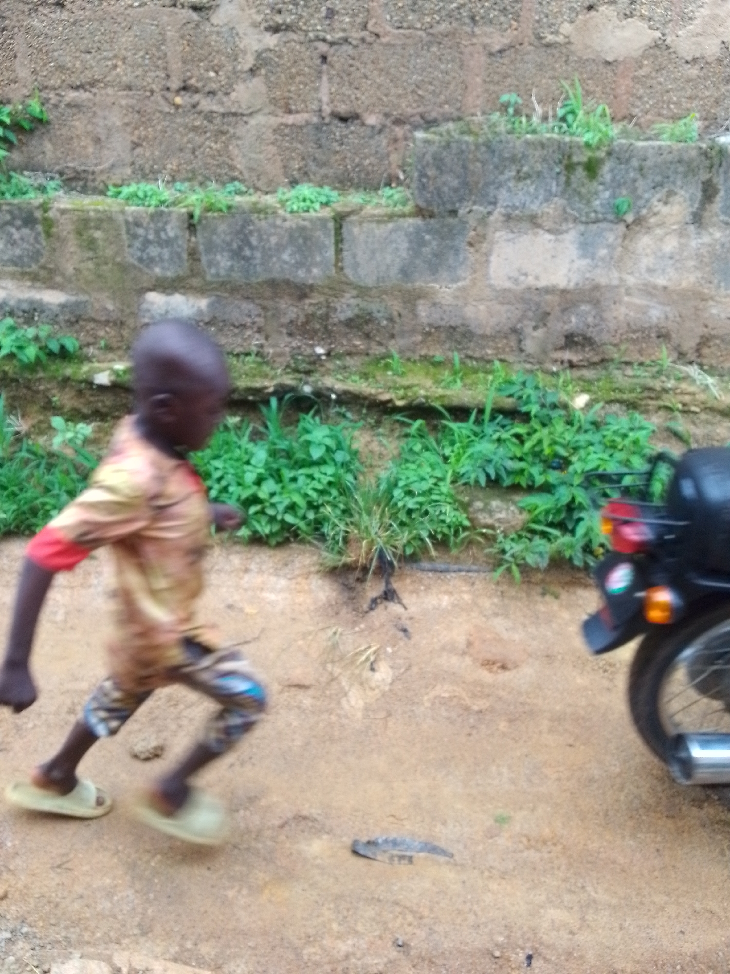 This media file shows a young boy in motion, walking or running across a sandy, dirt path. He is wearing a colorful, patterned shirt and light-colored sandals. The boy's movement is slightly blurred, suggesting a dynamic moment captured in time.
Behind the boy is a textured, rough brick wall, partially covered by green foliage growing from cracks and along the top. The wall suggests an outdoor setting, possibly a yard or an alleyway. To the right side of the image, the rear of a black motorcycle is visible, including its taillight and a portion of its wheel and exhaust pipe. This indicates the presence of transportation or a parked vehicle in the scene.
The ground is predominantly sandy and dirt, with some scattered small stones and debris. The lighting appears natural, suggesting it could be daytime, possibly overcast given the lack of strong shadows. The overall atmosphere is casual and perhaps a bit gritty, evoking a sense of everyday life in an outdoor environment. No text is visible in the image.