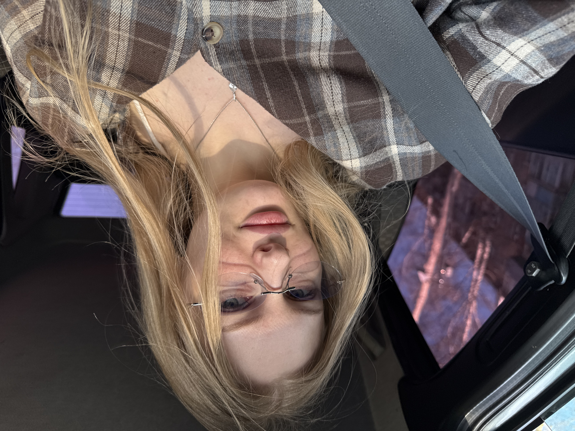 A selfie of a young woman wearing frameless glasses and a brown and white plaid shirt is taken in a car. She is wearing a seatbelt. The photo is taken at an angle, with her face tilted towards the bottom of the frame. Outside the car, blurred trees are visible through the sunroof. The location is unknown, there is no indication that this is Perm, Russia.