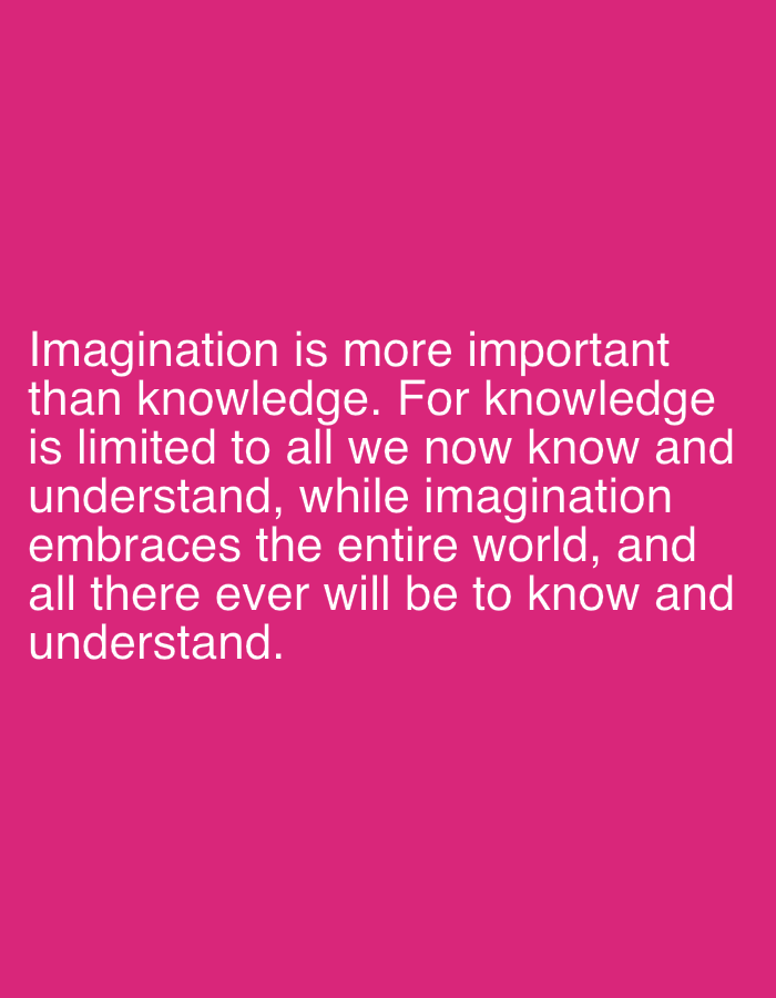 The image is a photograph of a quote superimposed on a solid pink background. The quote reads: "Imagination is more important than knowledge. For knowledge is limited to all we now know and understand, while imagination embraces the entire world, and all there ever will be to know and understand." There are no people, objects, or environmental details visible in the image, and there is no indication of its location in Myronivka, Ukraine.
