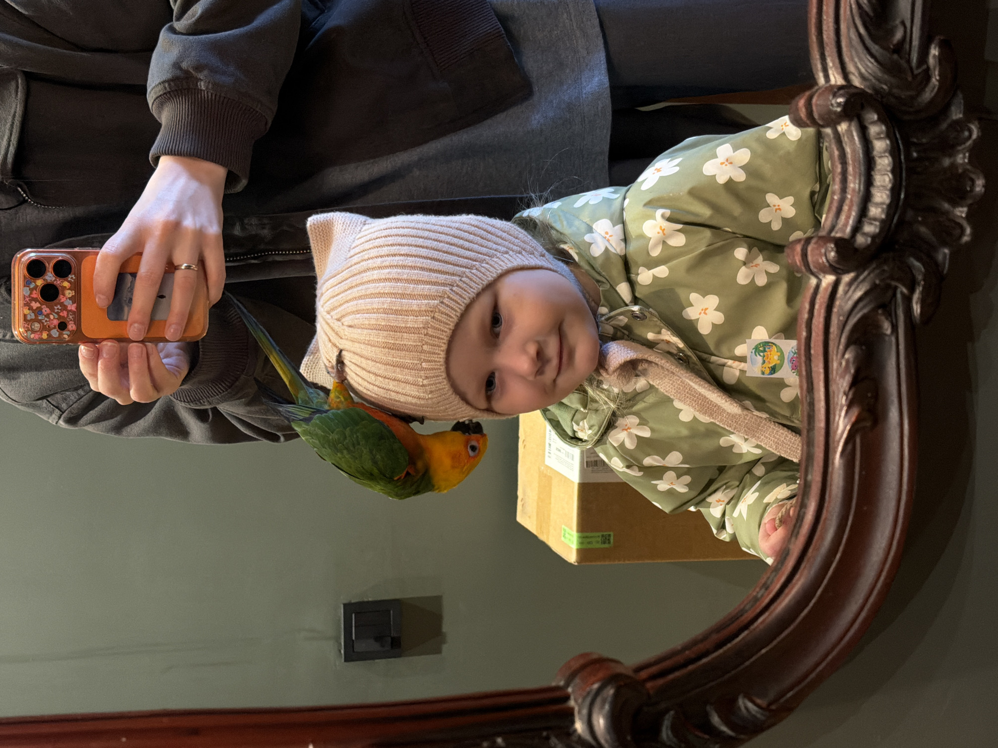 A selfie taken in a mirror shows a person holding a phone with an orange, decorated case. A baby wearing a knitted hat and a floral jacket is in the reflection, as is a parrot perched on the person's hand. A cardboard box is visible in the background. A light switch is on the wall. The location is not possible to determine based on the image.