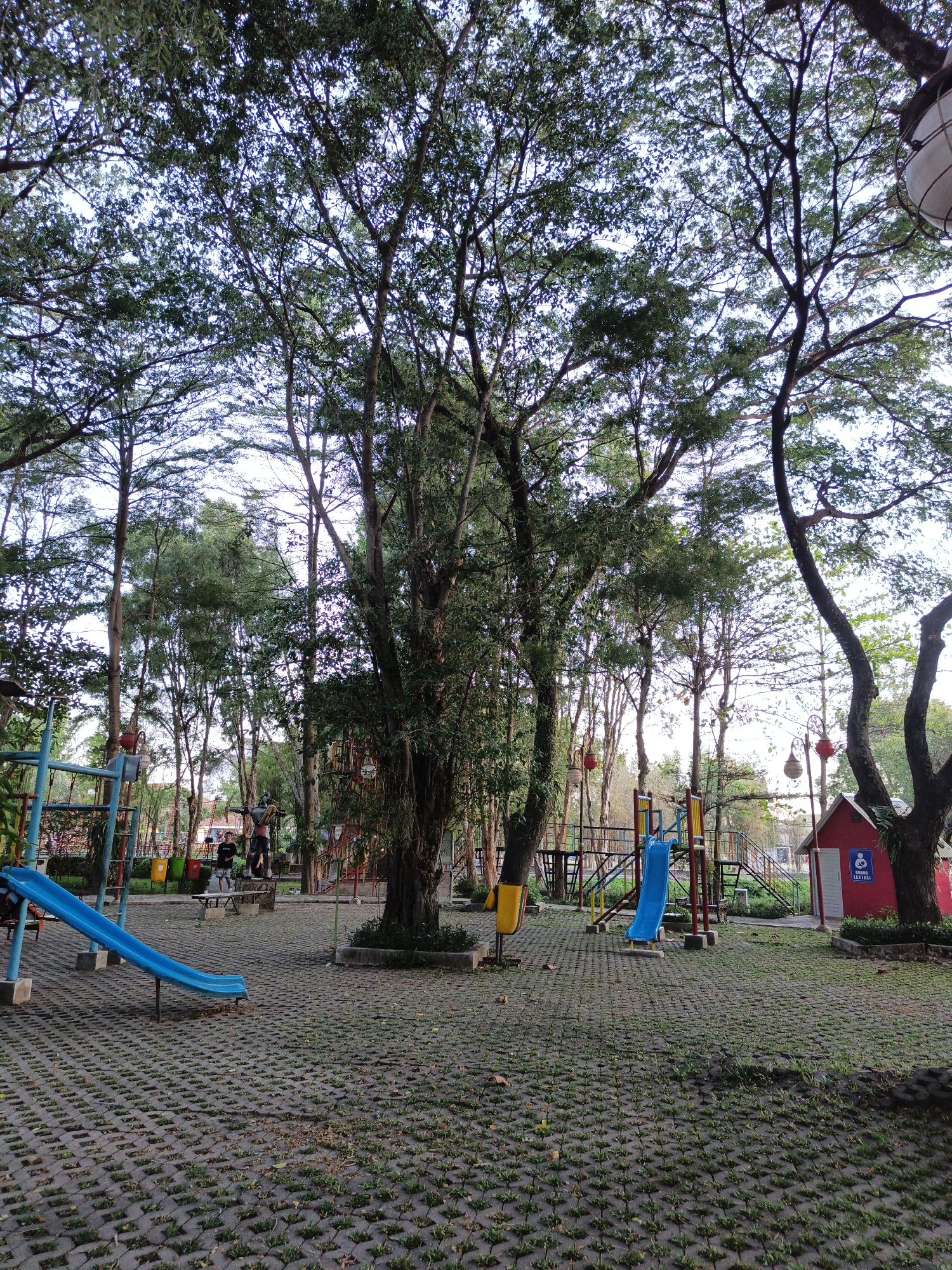 The image depicts an outdoor playground area at a park, presumably in Bareng Lor, Indonesia. In the foreground, a blue slide is visible, positioned on a gray, interlocking paver ground with patches of grass growing between the pavers. The playground equipment is colorful, with red and yellow accents on the support structures of the slide.
In the background, a small red building with a white door is situated to the right, featuring a sign with a handicapped symbol and text that appears to be in Indonesian. More playground structures and trees with dense foliage are scattered throughout the scene.
Two individuals are standing near a sculpture of a figure that resembles a warrior, positioned in the middle ground of the image. They are casually dressed, suggesting they are visitors to the park. The surrounding environment is characterized by numerous tall trees with extensive canopies that create a shaded atmosphere. The sky above is a pale blue, indicating it might be late afternoon or early morning. The overall impression is that of a public recreational space designed for families and children.