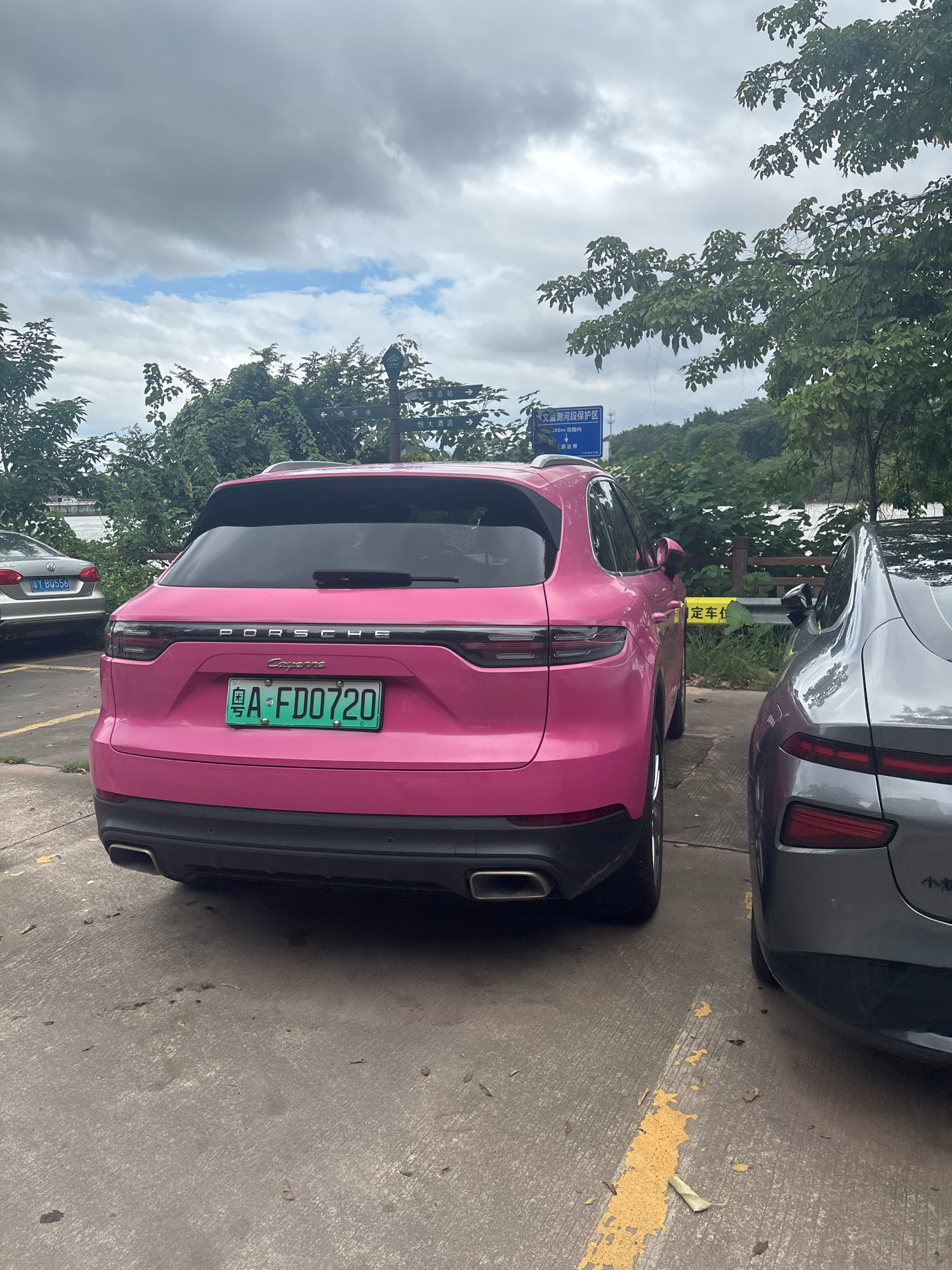 A pink Porsche Cayenne is parked outdoors in a lot, with a gray SUV partially visible to its right and a silver Volkswagen to its left. The Porsche has a green license plate reading "A FD0720". In the background, trees and a cloudy sky are visible. A blue sign with Chinese characters and a white sign with yellow Chinese characters are also present. The scene appears to be in the Nanhai District of China.