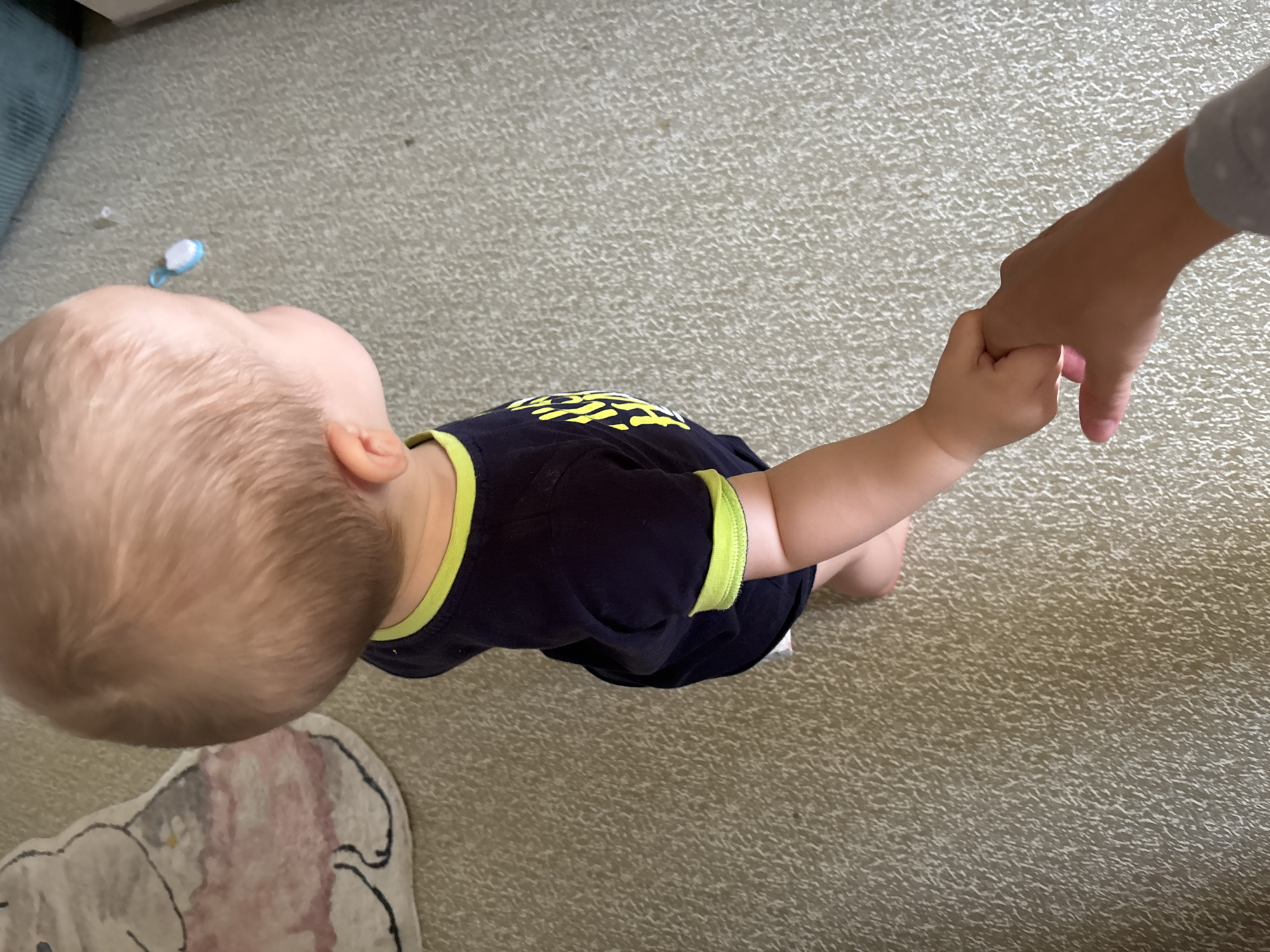 A high-angle, medium shot captures a baby from the shoulders up, wearing a navy t-shirt with lime green trim, held by an adult's hand. The baby, facing away from the camera, has light brown hair and is standing on a cream-colored carpet. To the left of the baby, a portion of a rug with a faded pink and grey pattern is visible. In the upper right portion of the frame, a small blue and white object, possibly a pacifier clip, lies on the carpet. The scene takes place indoors.