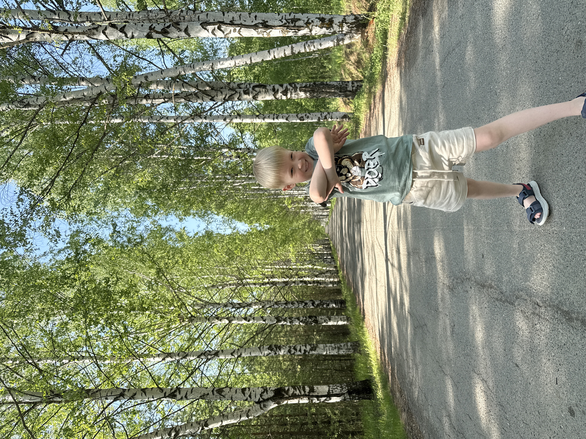 A child with short blond hair stands on a paved road in Банное, Russia, amidst a forest of birch trees. The child wears a light green t-shirt with a graphic print, light beige shorts, and dark sandals. They are smiling and making a playful pose with their arms crossed. The birch trees line both sides of the road, forming a canopy with green leaves. The pavement shows shadows cast by the trees.
