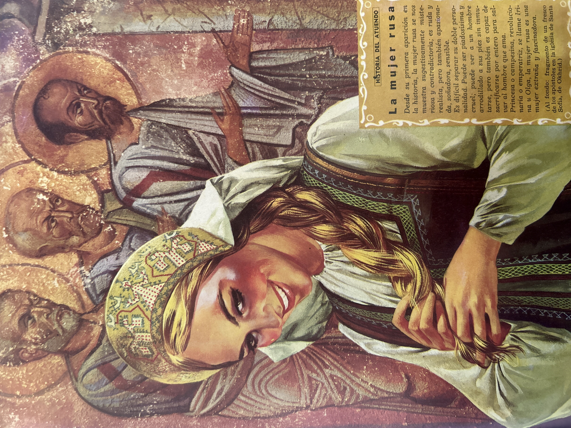 This image depicts a painting with a central focus on a young woman in traditional attire. She has blonde hair braided down her back and wears a decorative headscarf and a patterned vest over a white blouse. Her expression is one of amusement and confidence. Behind her, the upper bodies of three older men with halos are visible, suggesting a religious or historical context. To the right, a text box with the heading "HISTORIA DEL ATUENDO" (History of Clothing) discusses "La mujer rusa" (The Russian Woman). The text describes the Russian woman as suggestive, contradictory, rude, realistic, passionate, and sensitive, capable of both ruthlessness and deep affection. It mentions her being named Princess Olga, Empress Irina, and refers to her as extraordinary and fascinating. The text concludes by mentioning that the background is a fragment of a fresco of the apostles in the church of Saint Sophia in Okhryd. There is no information in the image that places this scene in the city of Santa Ana, Venezuela.