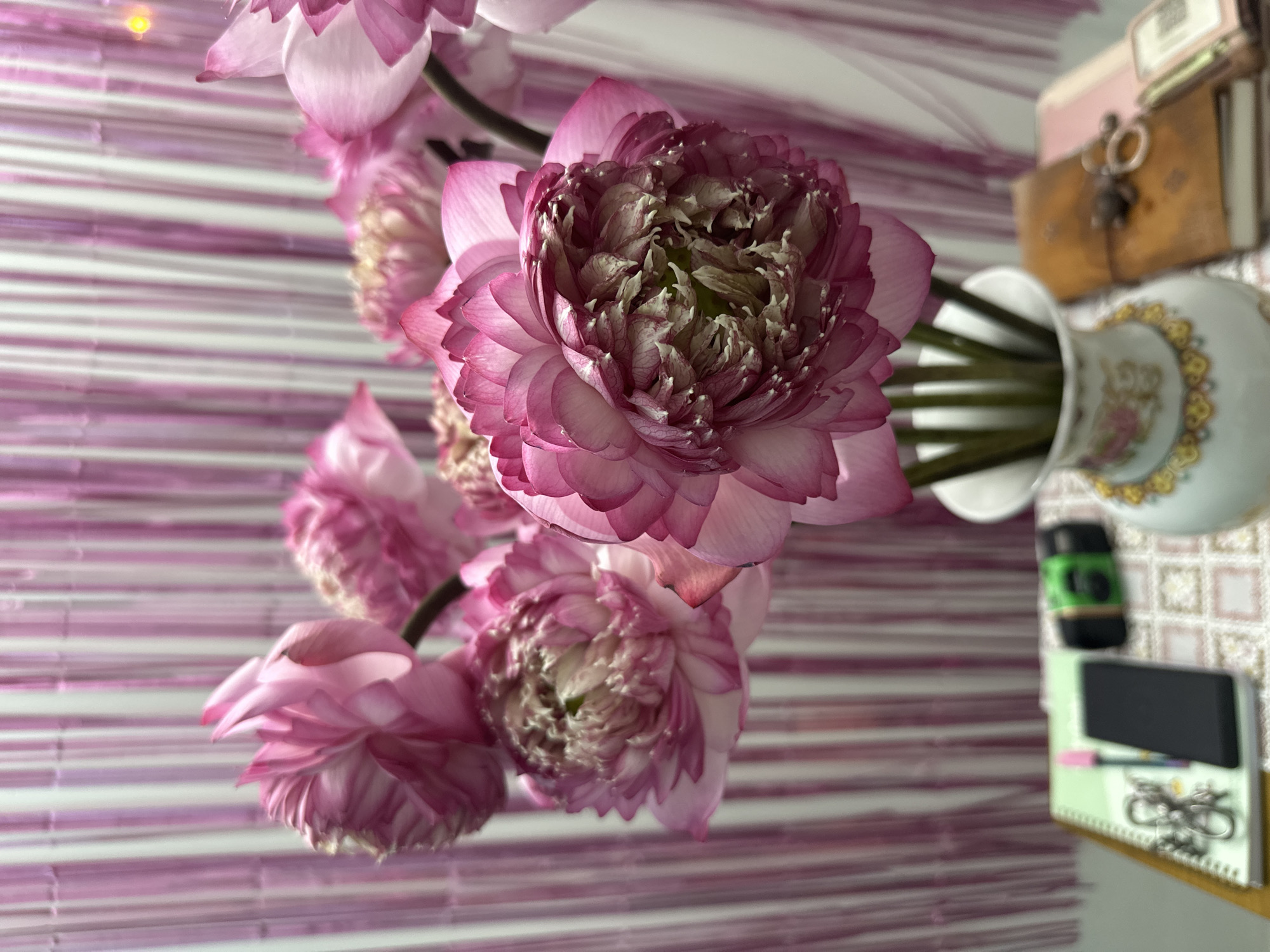 The image depicts a vase of pink lotus flowers arranged on a table. The flowers are in full bloom, with multiple layers of petals. The vase is white with a floral design. On the table, there are other items including a black phone, green canister, notebook, and decorative boxes. The background features a striped wall. The location is identified as Thủ Đức, Vietnam.