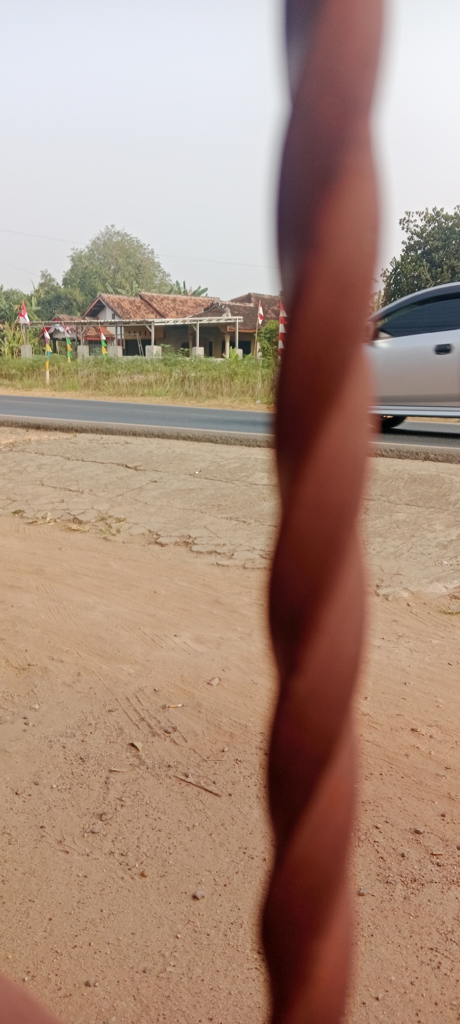 A blurry, vertical, dark brown object, possibly a body part like an arm, dominates the foreground of this outdoor daytime image. Behind it, a paved road runs horizontally across the middle ground. To the left of the road, a row of houses with red tile roofs is visible, nestled amongst green trees. Several small flags, red and white, are planted in front of the houses, suggesting a celebratory or nationalistic context. A silver car is driving on the road, heading towards the right of the frame. The ground in the foreground is sandy and cracked, with some small stones and debris scattered across it. The sky is overcast and a pale gray. The overall impression is of a roadside scene in a village or rural area. The location is Sidodadi, Indonesia.