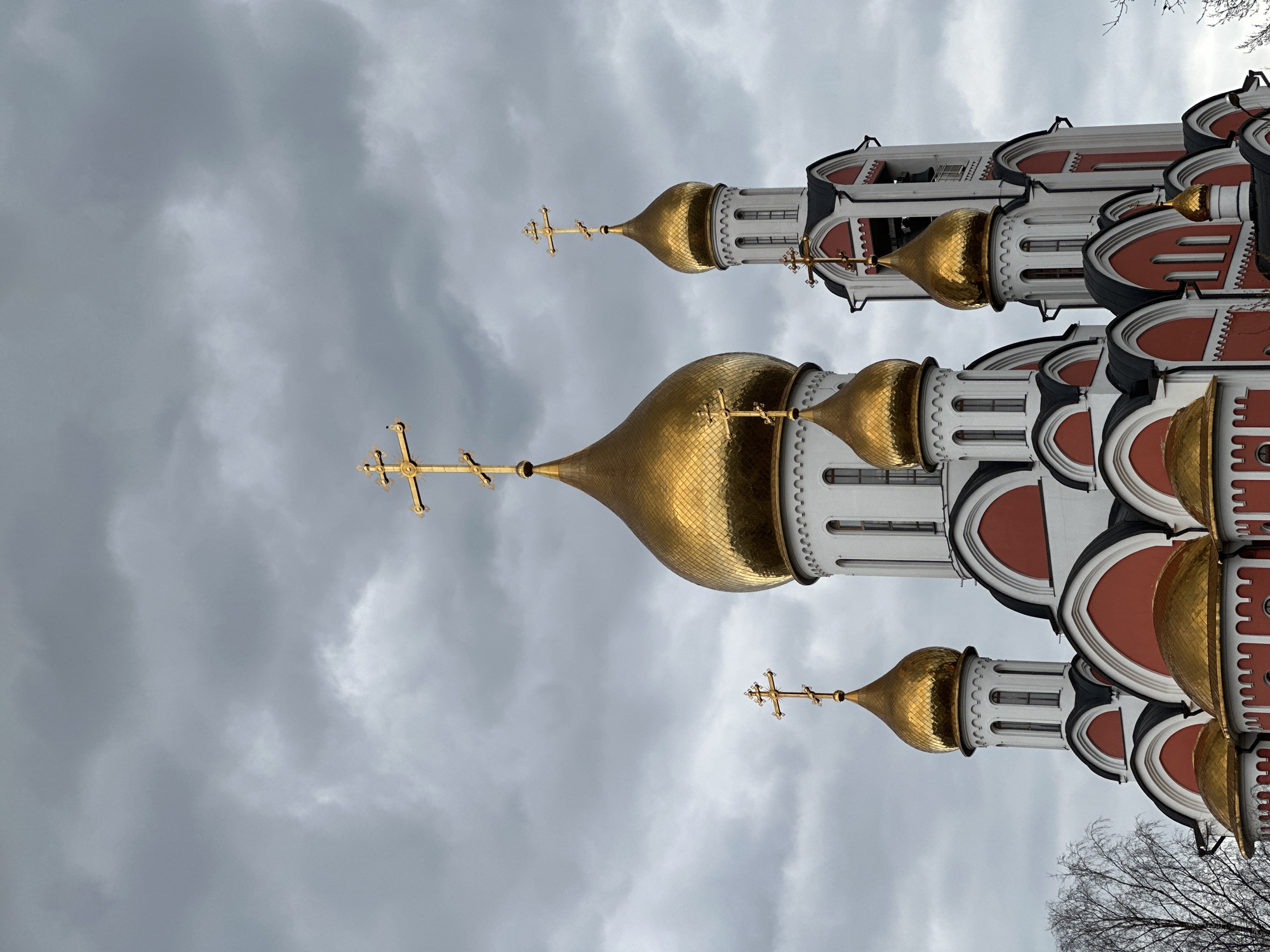The image depicts a grand Orthodox church or cathedral under a heavily overcast sky. The photograph is composed vertically, focusing on the upper sections of the building.
The primary subjects are the church's distinctive architectural features. Multiple golden, onion-shaped domes, characteristic of Russian Orthodox architecture, are prominently featured. Each dome is topped with an ornate golden Orthodox cross, identifiable by its additional slanted lower bar. The domes reflect light subtly despite the cloudy conditions, highlighting their textured, possibly tiled, surfaces.
The visible parts of the church structure beneath the domes are predominantly white, adorned with striking reddish-brown, arch-shaped elements and dark grey or black accents. These elements create a rhythmic pattern along the building's facade. Some bell openings are visible on taller sections, suggesting bell towers. Bare tree branches are visible in the lower right corner, indicating a season like late autumn, winter, or early spring.
The background consists of a uniform, dull grey, cloudy sky, suggesting an overcast day with no direct sunlight. There is no specific activity or event taking place; the image is a static portrayal of the architectural landmark. No people are visible.
Notable details include the characteristic Eastern Orthodox crosses and onion domes, clearly placing the structure within that tradition. The weather appears cold and damp due to the dense cloud cover. Given the context, the location is Odintsovo, Russia. There is no visible text in the image.