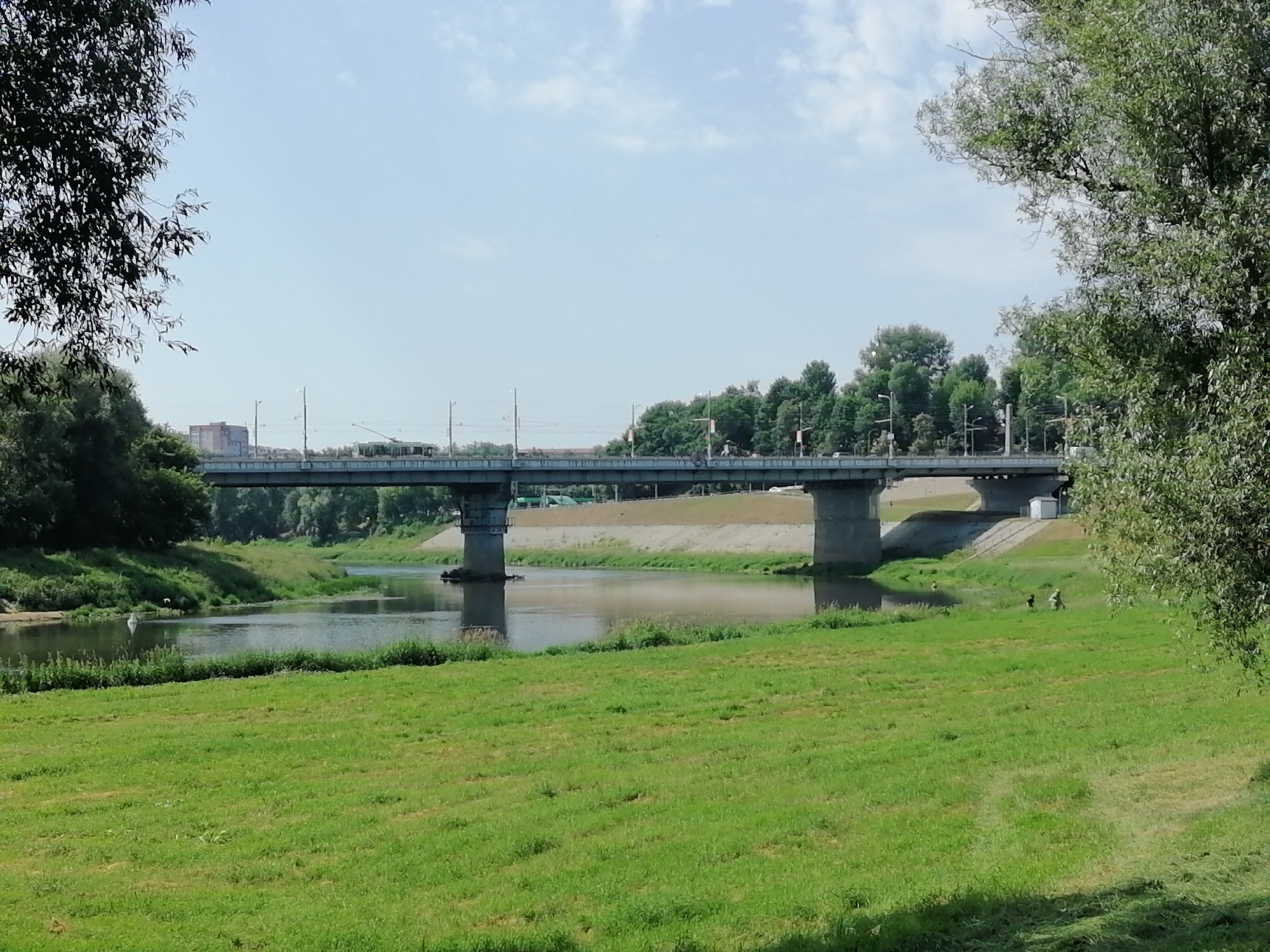 This media file depicts an outdoor scene on a sunny day. The main subjects are a river, a bridge, and a grassy area. The bridge, constructed of concrete and steel, spans the river. There are a few people visible on the grassy bank near the bridge, appearing to be walking or strolling. Trees and vegetation line the riverbanks and the distant landscape. The sky is partly cloudy, indicating fair weather. The time of day appears to be daytime, possibly late morning or early afternoon, given the brightness of the light and the shadows. The scene suggests a public park or recreational area, with the bridge facilitating passage over the river and the grassy areas providing space for leisure activities. There is no visible text in the image.