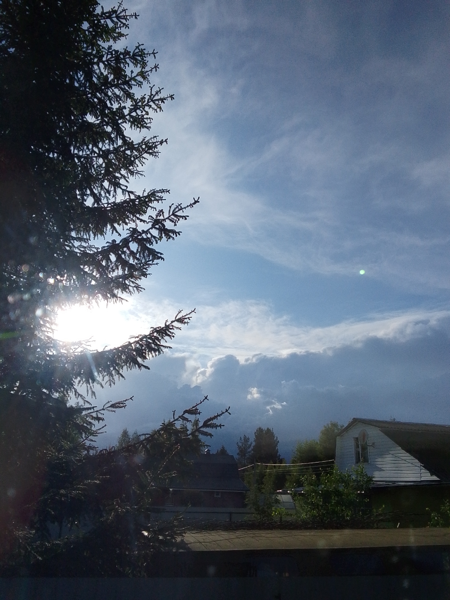 The image captures a scene in 1-Go Maya, Russia, showcasing a blend of natural and man-made elements. A large evergreen tree dominates the left side of the frame, with the sun positioned behind its branches, creating a bright glare. In the background, a light blue sky is filled with wispy clouds, some appearing cumulonimbus. Two residential houses are visible, with a building featuring a distinctive gable roof. Additional trees line the horizon behind the houses. A low wall or ledge is in the foreground. No people are visible in the image.