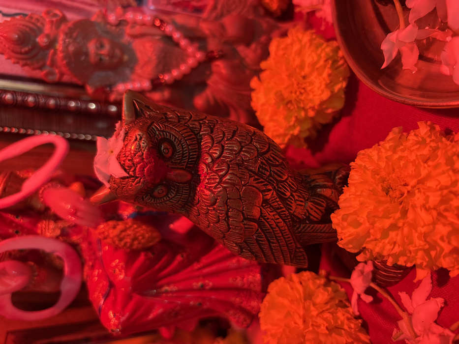 The image depicts a close-up of a devotional arrangement located in Ulhasnagar, India, characterized by intense red lighting. Central to the scene is a metallic figurine of an owl, bronze in color, with intricate feather detailing and prominent eyes, oriented towards the viewer. A small white flower is positioned on the owl's head. Scattered around the base of the owl are several orange marigold flowers. The background is out of focus and heavily illuminated in red, revealing two religious statues. The statue on the left is a robed figure, partially visible. The statue on the right portrays a seated deity adorned with a garland of beads or small flowers. A portion of a metallic bowl containing small white flowers is visible in the bottom right corner.