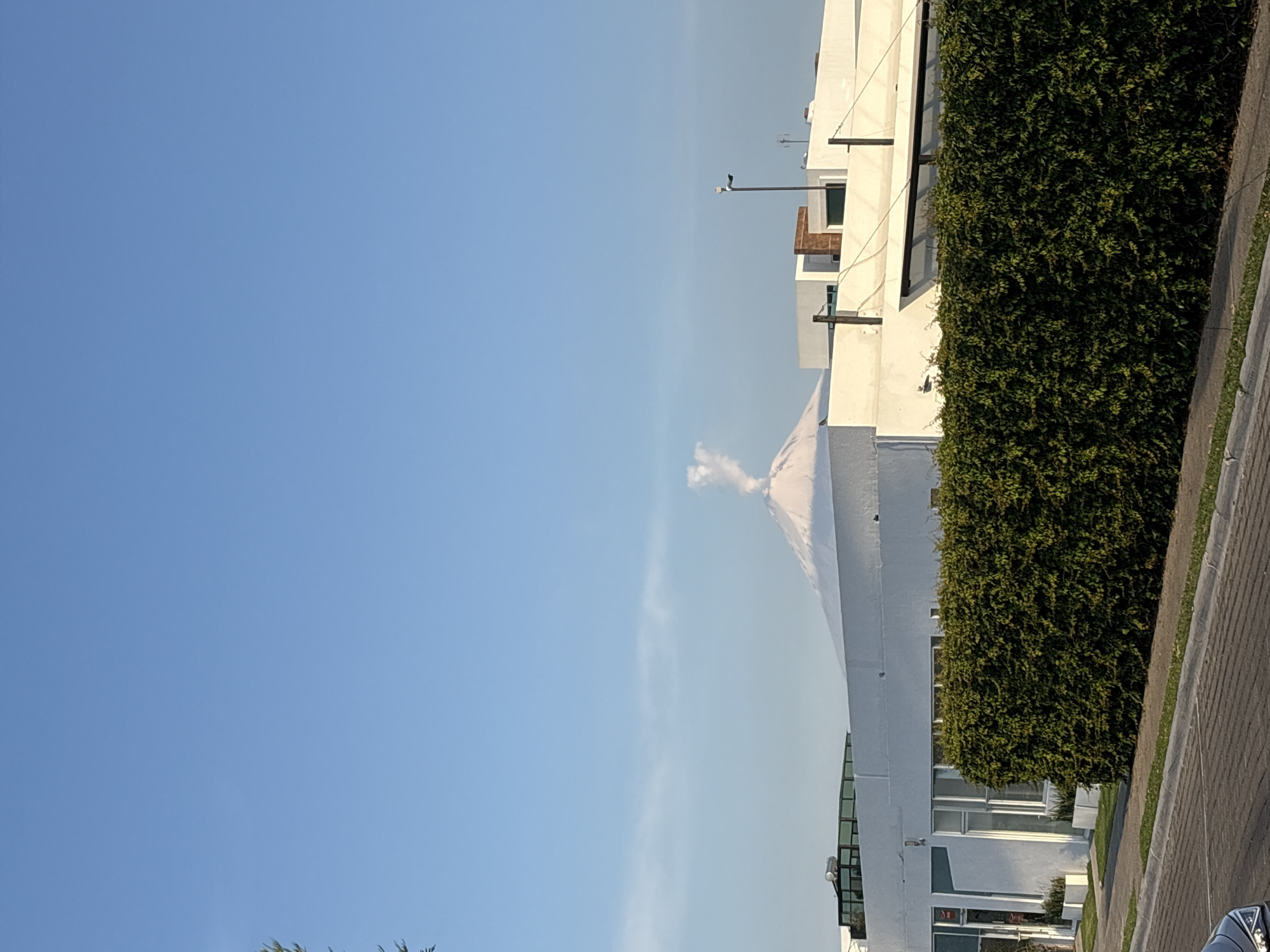 The image depicts a view in San Bernardino Tlaxcalancingo, Mexico. In the center of the frame, a distant, white-capped mountain is visible under a clear blue sky. To the right, a white building with dark window frames is partially obscured by a tall, dense green hedge. The edge of a paved road is visible at the bottom right.