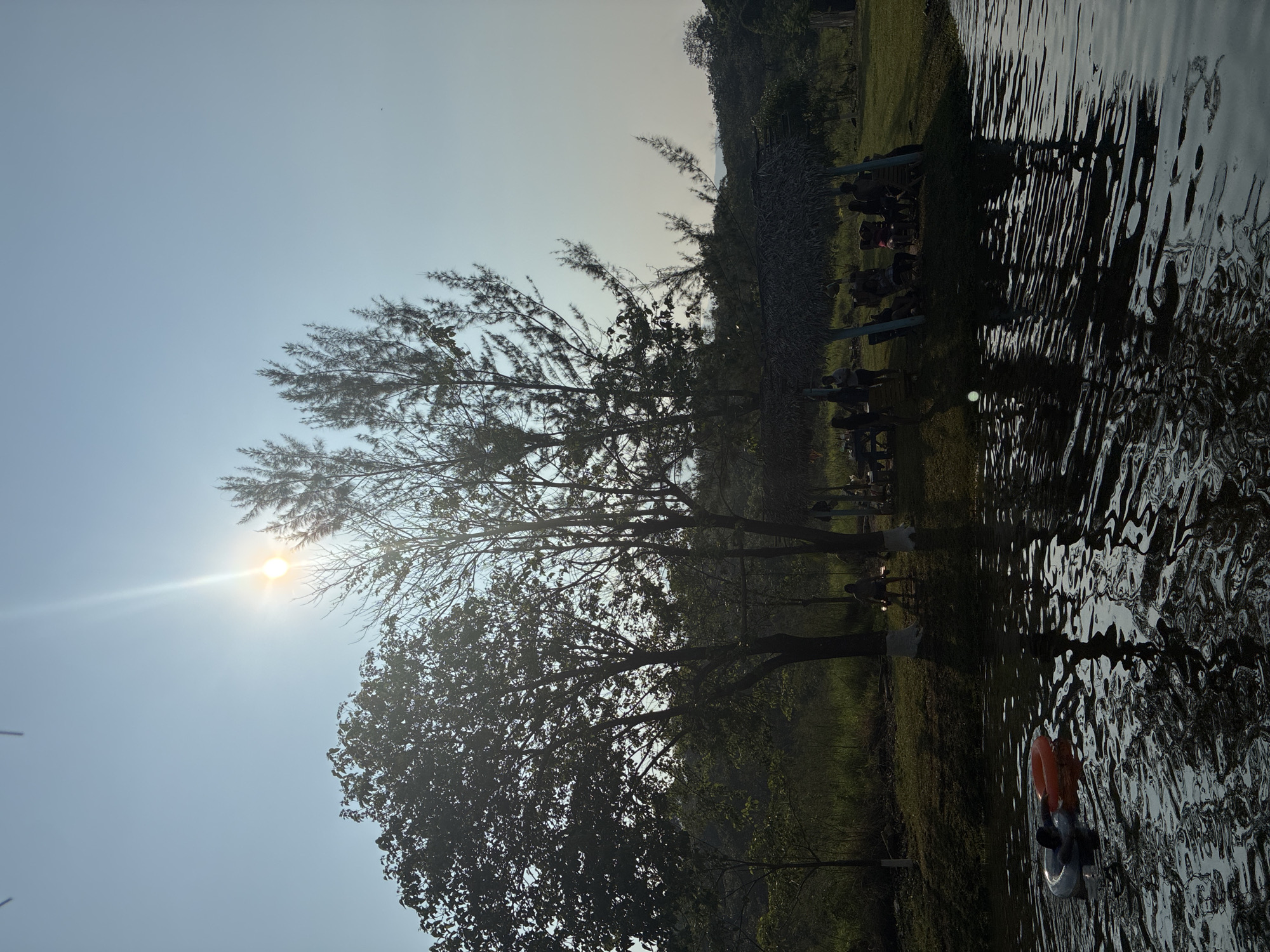 The image depicts a lakeside scene in Pajapan, Mexico, under a bright sun. Silhouetted figures are seen on the grassy shore, seated on benches. The surface of the water shows ripple patterns. In the foreground, an orange lifebuoy and a dark object float on the water's surface. Trees partially obscure the view of the shore and the people, with some branches reaching towards the sky. The sun, positioned high in the sky, casts a lens flare.