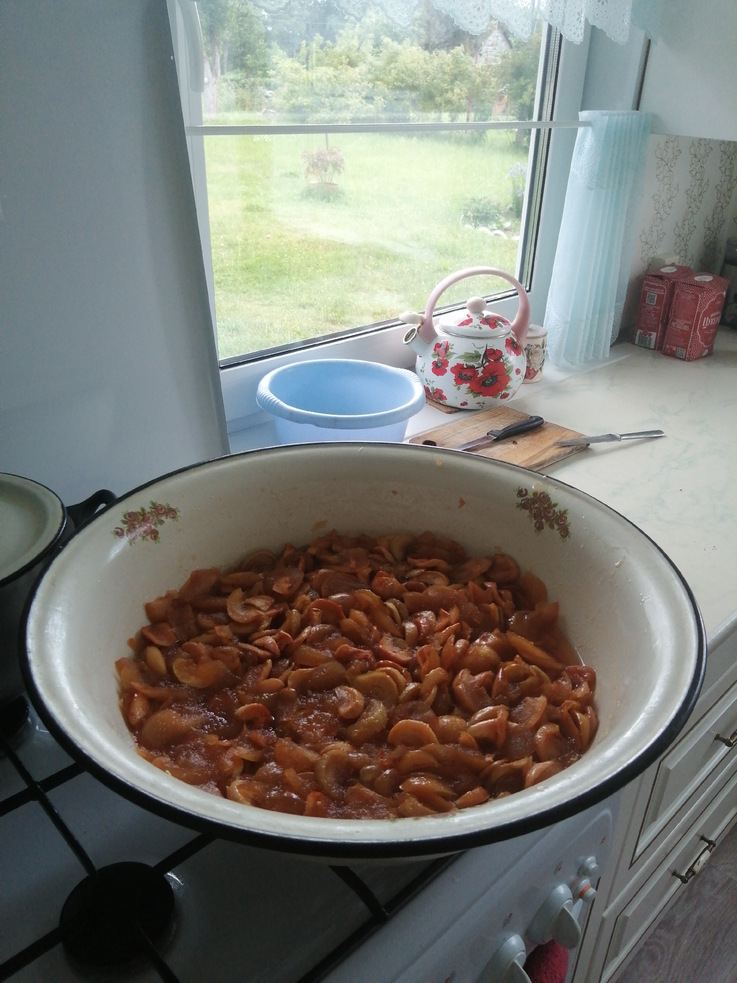 The image depicts a kitchen scene, likely in Slonim, Belarus, focusing on food preparation. In the foreground, a large, white enamel bowl filled with sliced apples, appearing to be cooked or stewed, sits on a stovetop. The bowl has a floral decal. To the left, a portion of another pot is visible. Behind the bowl, a light blue plastic basin is placed on a windowsill. The windowsill overlooks a green, grassy yard with trees and a small building in the distance, suggesting a rural or semi-rural setting outside of Slonim. On the windowsill, to the right of the blue basin, a decorative white teapot with red floral patterns and a small ceramic container are present. Further to the right, on the kitchen counter, two red cartons with Cyrillic lettering are stacked, and a wooden cutting board with two knives is visible. Light blue lace curtains hang on the right side of the window. The overall impression is one of domestic food preservation or cooking.