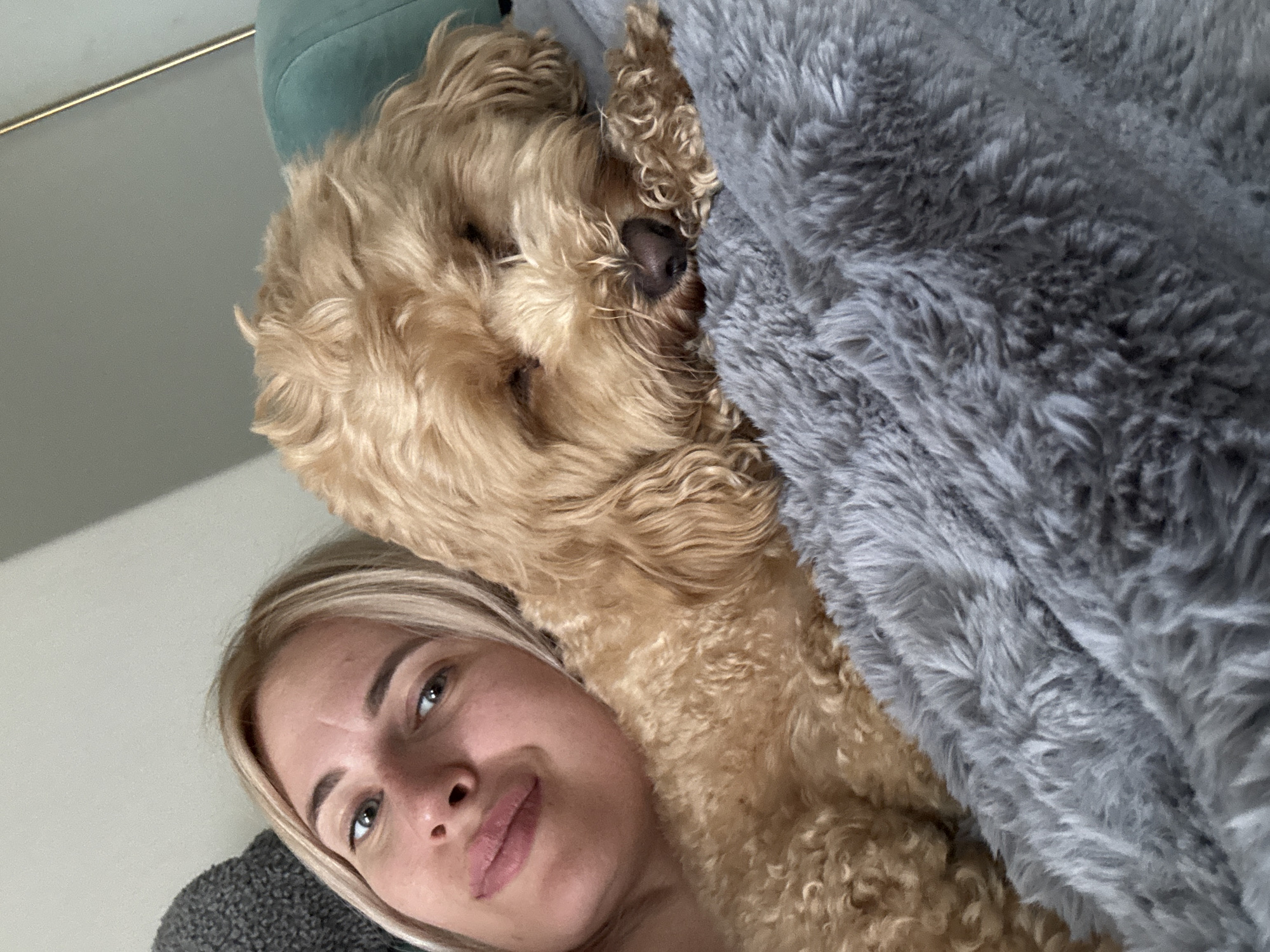The media file displays a cozy indoor scene featuring a woman and a light brown, curly-haired dog resting together, likely in a home in Saratov, Russia. The image is taken from a slightly elevated angle, looking down upon the subjects.
The woman, with blonde hair and light-colored eyes, is positioned in the lower left portion of the frame. She appears to be lying on her back or side, looking towards the camera with a calm, slightly smiling expression. Her lips are slightly parted, and she has visible eyelashes and eyebrows. She is wearing what appears to be a dark, possibly knitted, garment around her shoulder.
Nestled close to her, extending across the upper right part of the frame, is the dog. It has light brown, curly fur and appears to be asleep or deeply relaxed, with its snout and closed eyes partially visible. Its head rests close to the woman's head. Much of the dog's body is covered by a soft, plush, gray furry blanket, which also fills a significant portion of the background on the right.
The background on the left consists of a plain, light-colored wall or surface, with a thin horizontal line (possibly a trim or picture rail) visible near the top left corner. A hint of a green cushion or pillow is visible behind the dog's head.
The overall atmosphere of the image is one of warmth, comfort, and companionship. The soft lighting suggests an indoor setting during the day or early evening. There is no visible text in the image.