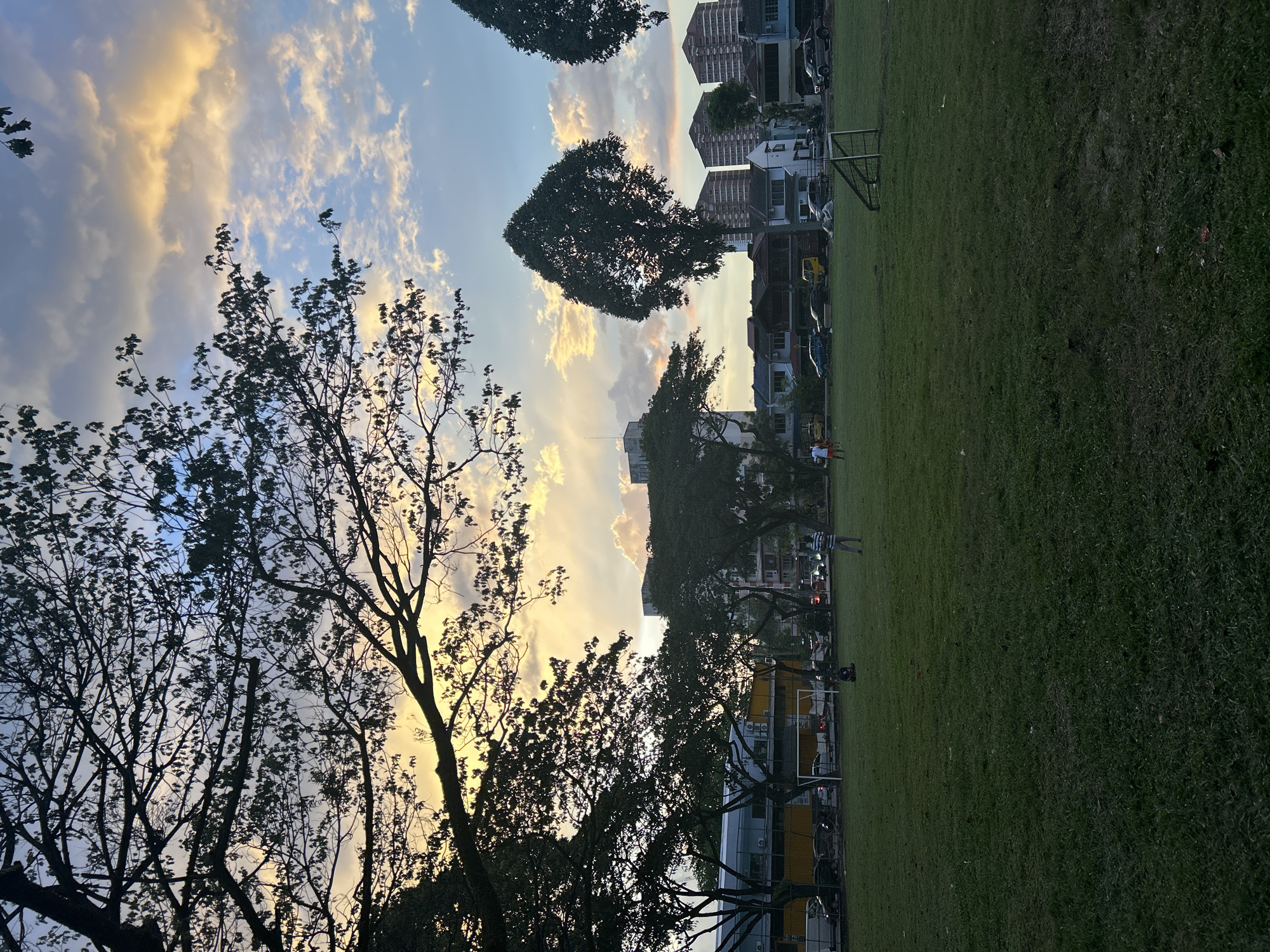 The image shows a park in Subang Jaya City Council, Malaysia, at dusk. The sky is visible through tree branches, with a mix of blue and orange from the setting sun. The park's grassy area takes up most of the frame, and a person is visible in the center of the frame, likely walking or jogging. Buildings are in the background, including residential houses and apartment complexes. Park benches and trees line the park.
