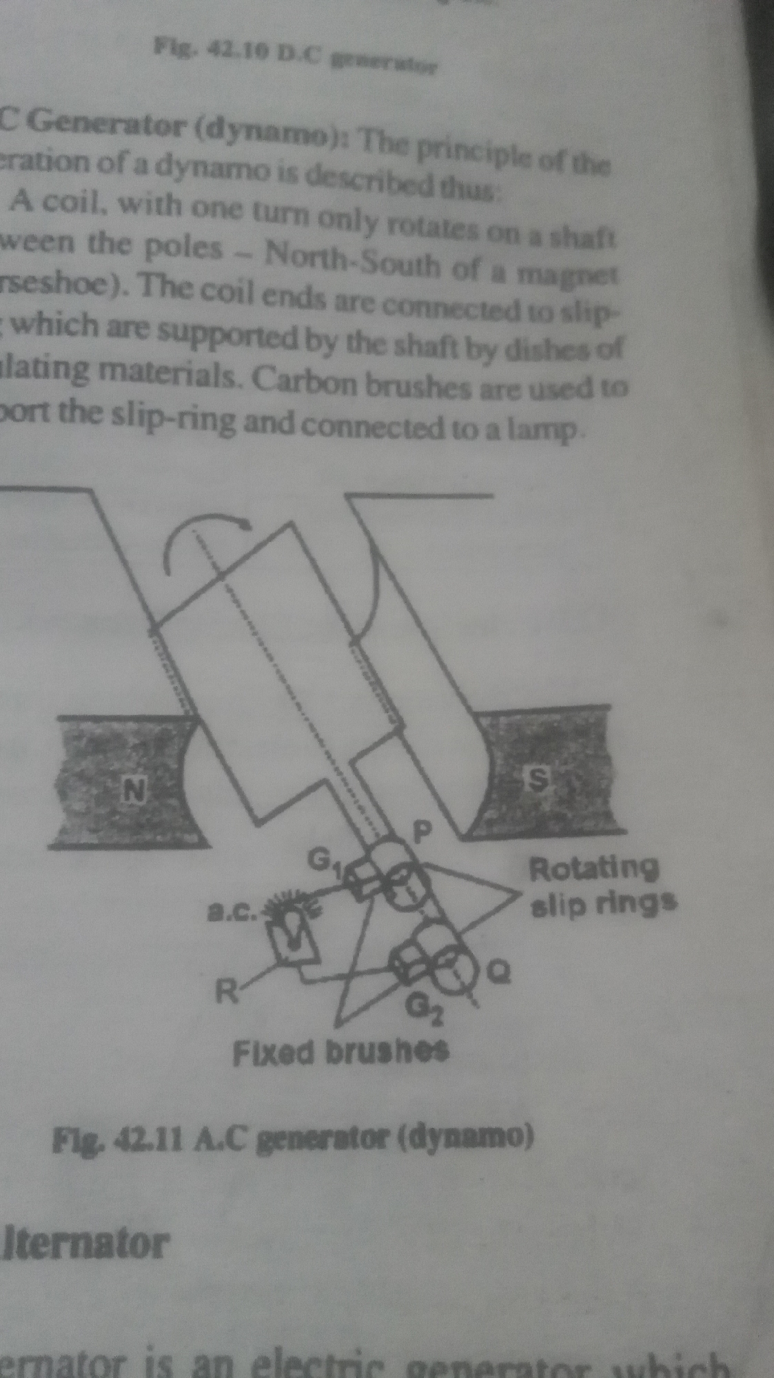 The image is a diagram from a textbook, depicting an A.C. generator (dynamo). The diagram shows a coil rotating between the North (N) and South (S) poles of a magnet. The coil ends are connected to rotating slip rings (P and Q). Fixed brushes (G1 and G2) are connected to the slip rings and lead to an AC output (a.c.) that is connected to a resistor (R). The diagram is labeled as "Fig. 42.11 A.C generator (dynamo)" at the bottom. Above this diagram is the description of a D.C generator with its diagram.
