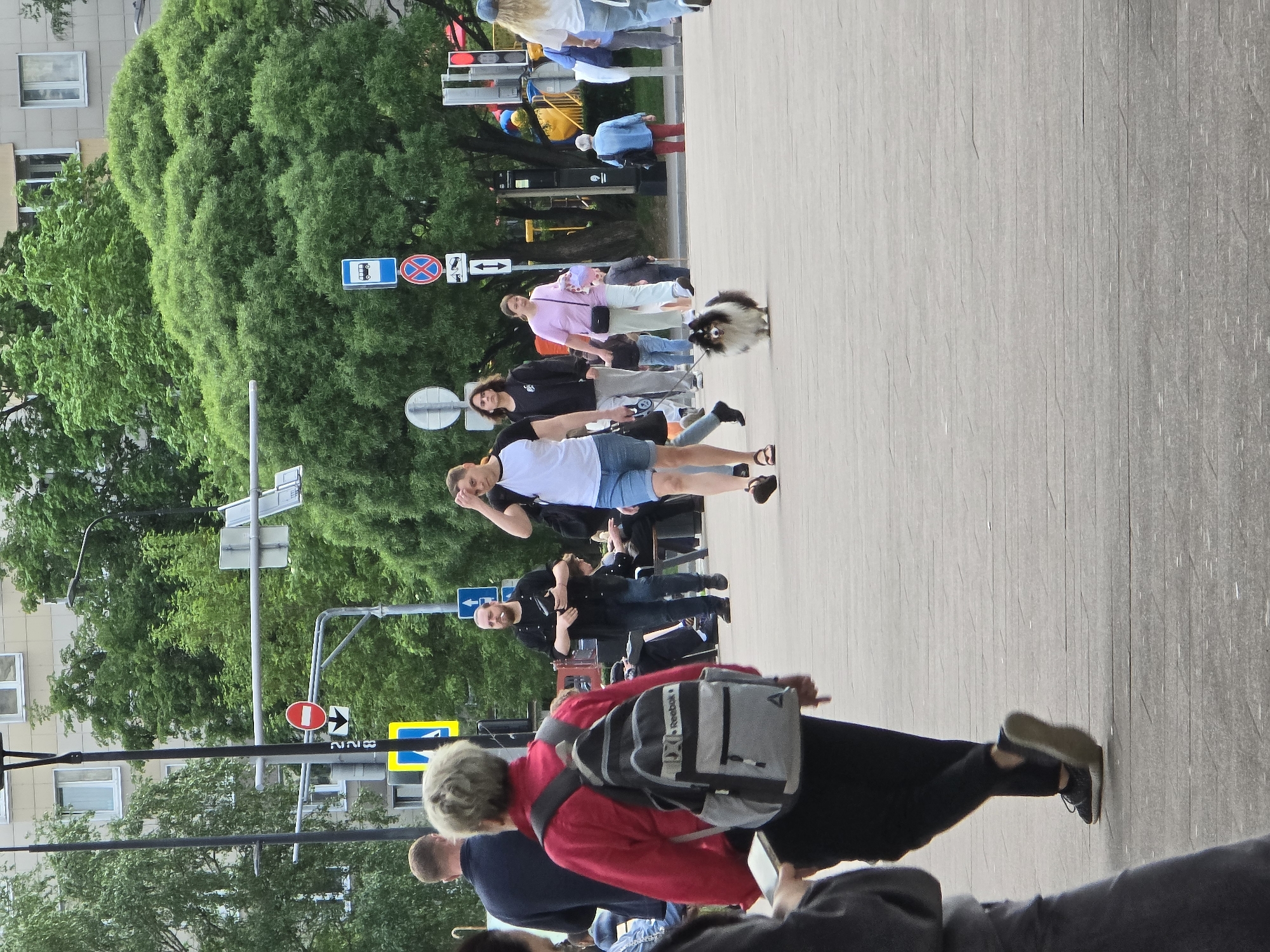 The image shows an outdoor scene, presumably in Khimki, Russia, given the presence of road signs with Cyrillic script. The scene is on a wide paved area, likely a pedestrian zone or sidewalk next to a road, where multiple individuals are present, seemingly walking.
People:
- A woman wearing a red jacket and a gray backpack is walking towards the bottom of the image.
- A man in a blue shirt is behind her.
- Several pedestrians of varying ages and attire are further away in the background, including a woman in a pink shirt and a woman with a small black and white dog.
- A man in a black shirt and jeans is walking alongside a woman in denim shorts and a white shirt.
Objects:
- Street signs are visible on the left side of the image, including traffic directional signs, pedestrian signs, and no stopping signs.
- A building is visible in the background on the left.
- Trees fill a large portion of the background.
- A gray Reebok backpack is on one of the individuals.
Actions/Interactions:
- People are walking on the paved area.
- A person is walking a dog.
Environment:
- The location appears to be in an urban area with buildings, trees, and street signs.
- The weather seems fair, and it's daytime.
- The scene gives the impression of a public space where people move around.