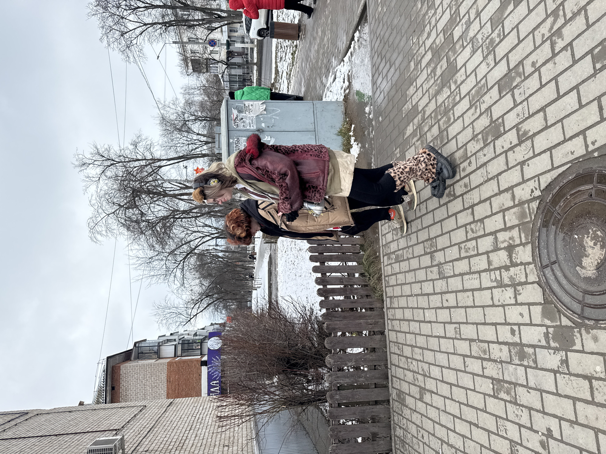 The photograph depicts a street scene in what appears to be the city of Chaikovsky, Russia. Two women are walking on a paved sidewalk next to a street. The woman closest to the camera has reddish-brown curly hair, is wearing a tan jacket, and black pants. She is carrying a red and white bag. The other woman has blonde hair, a fur hat, and a jacket with a red faux-fur collar with an animal print. She has patterned leggings and sneakers. Behind them is a wooden fence, a barren bush, and a building with a sign in Russian, "ДАА". Further down the street are buildings and trees, some of which appear bare. There is some snow and ice visible on the ground. The sky is overcast. There are other people up the street, near a transformer box with posters on it. The sidewalk is made of rectangular pavers, and a manhole cover is visible in the lower right corner.